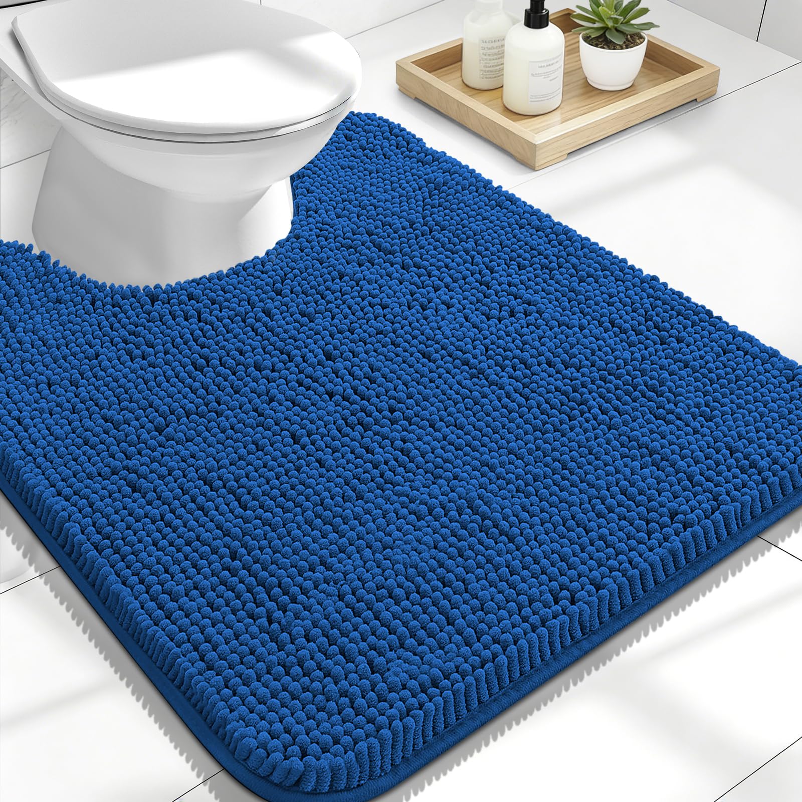 OLANLY Toilet Rugs U-Shaped 24x20, Soft Absorbent Chenille Contour Rugs | Deep Navy Blue, Quick-Drying Rubber Backing, Machine Washable Non-Slip Shaggy Bathroom Mat for Toilet, Home Decor Accessories
