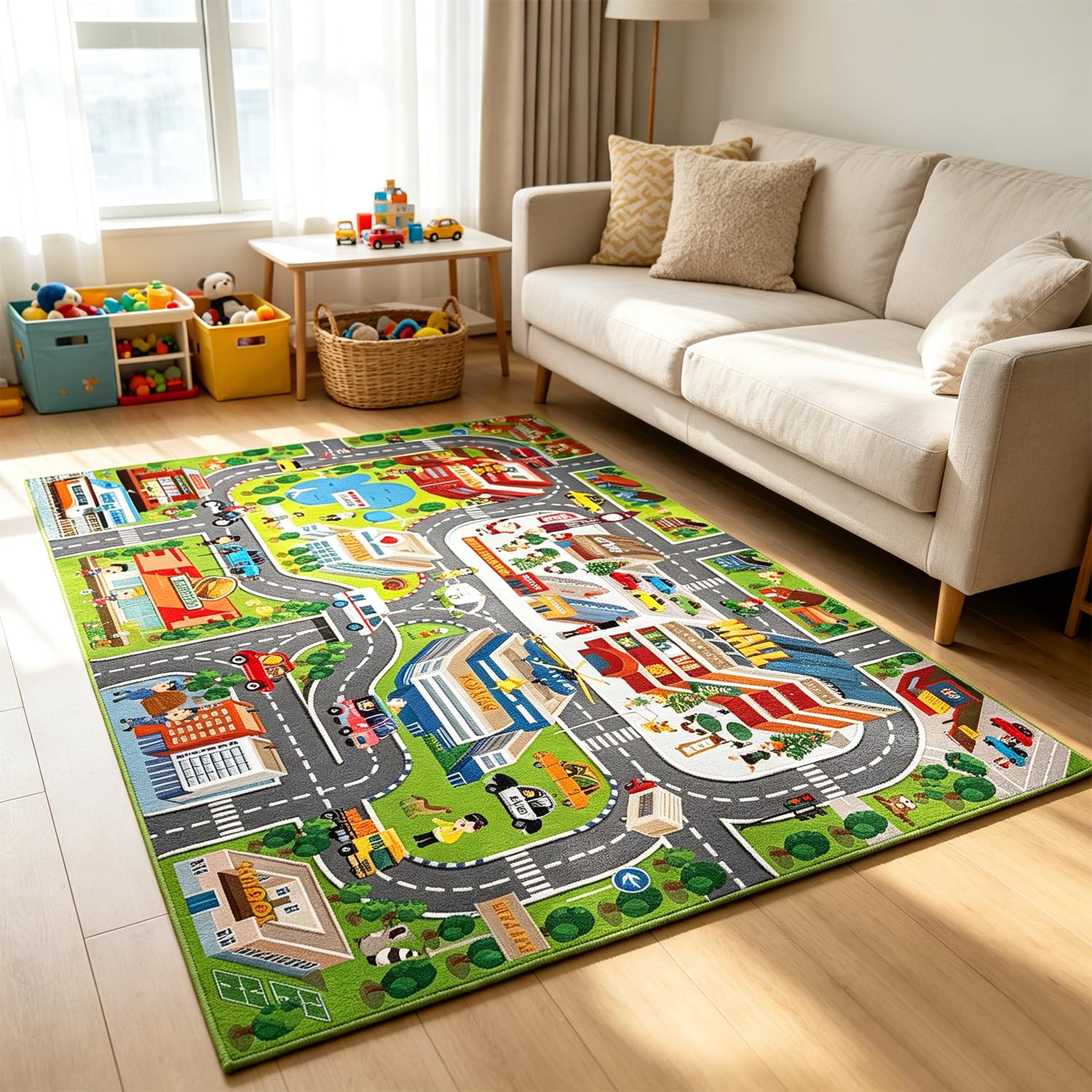Spiritzohic Car Mat, Car Rug Non-Slip Road Mat City Playmat Rug Cars Play Mats with Non-Slip Base Play Carpet Floor Mats for Nursery Room Bedroom Playroom Classroom Decor(60x90cm)
