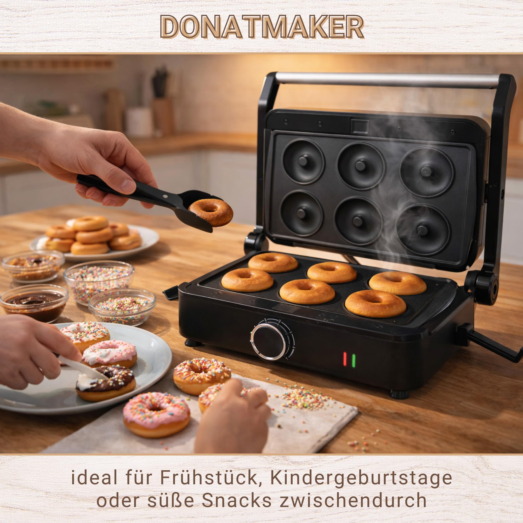 Syntrox SM-1000W Toledo Donut Maker elektrisch – Donut-Maschine mit Antihaft-Donutplatten – Mini Donuts schnell backen – stufenlose Temperatureinstellung – kompakt für Küche & Haushalt