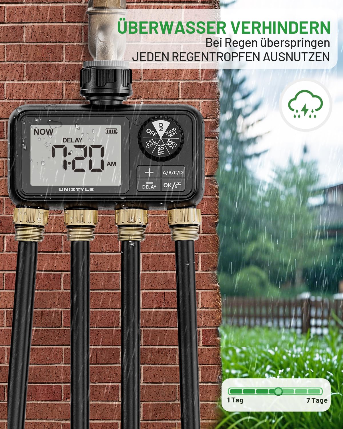 Unistyle Bewässerungscomputer 4 Ausgänge, Automatische Bewässerungsuhr, Rasensprenger Bewässerungssteuerung, Bewässerungssystem für Gartenbewässerung, Wasser Zeitschaltuhr Bewässerung Garten