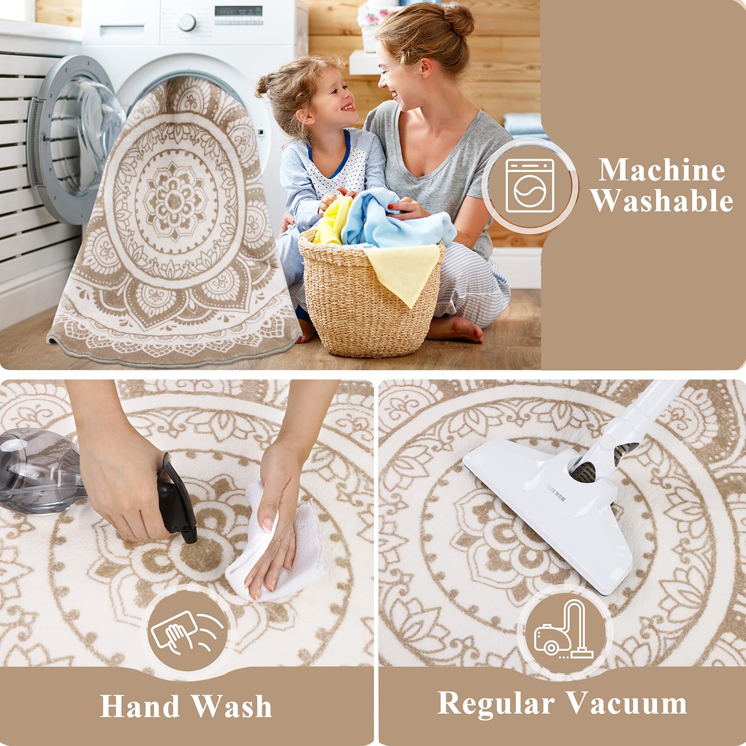 SHACOS Kurzflor Teppich Rund 160 cm, Boho, Anti Rutsch, Waschbar, Wohnzimmerteppich Rund Flauschig, Runder Teppich für Schlafzimmer, Wohnzimmer, Beige