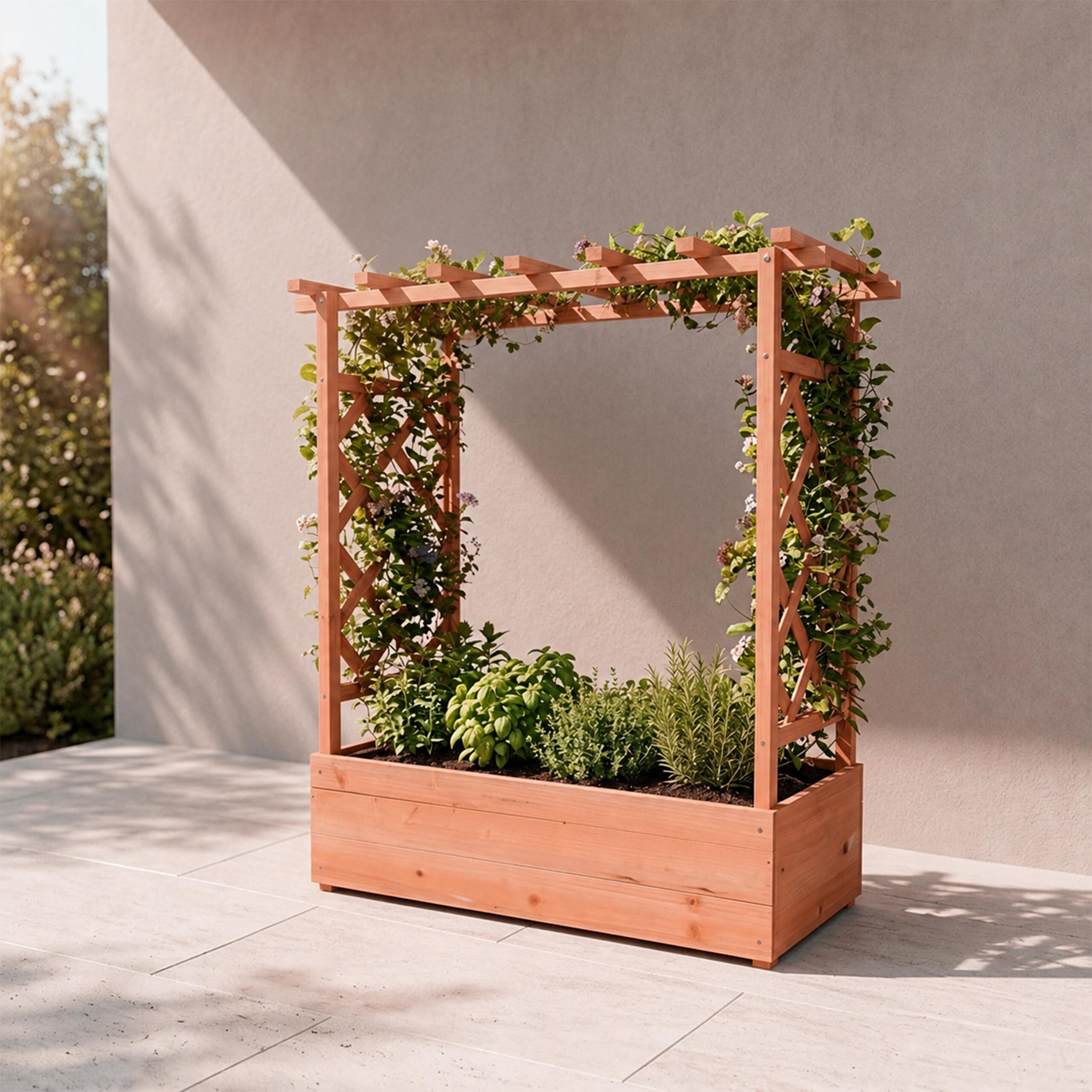 Jardinera Relaxdays con celosía y Techo, 114x100x44 cm, macetero para balcón y jardín, Madera, marrón