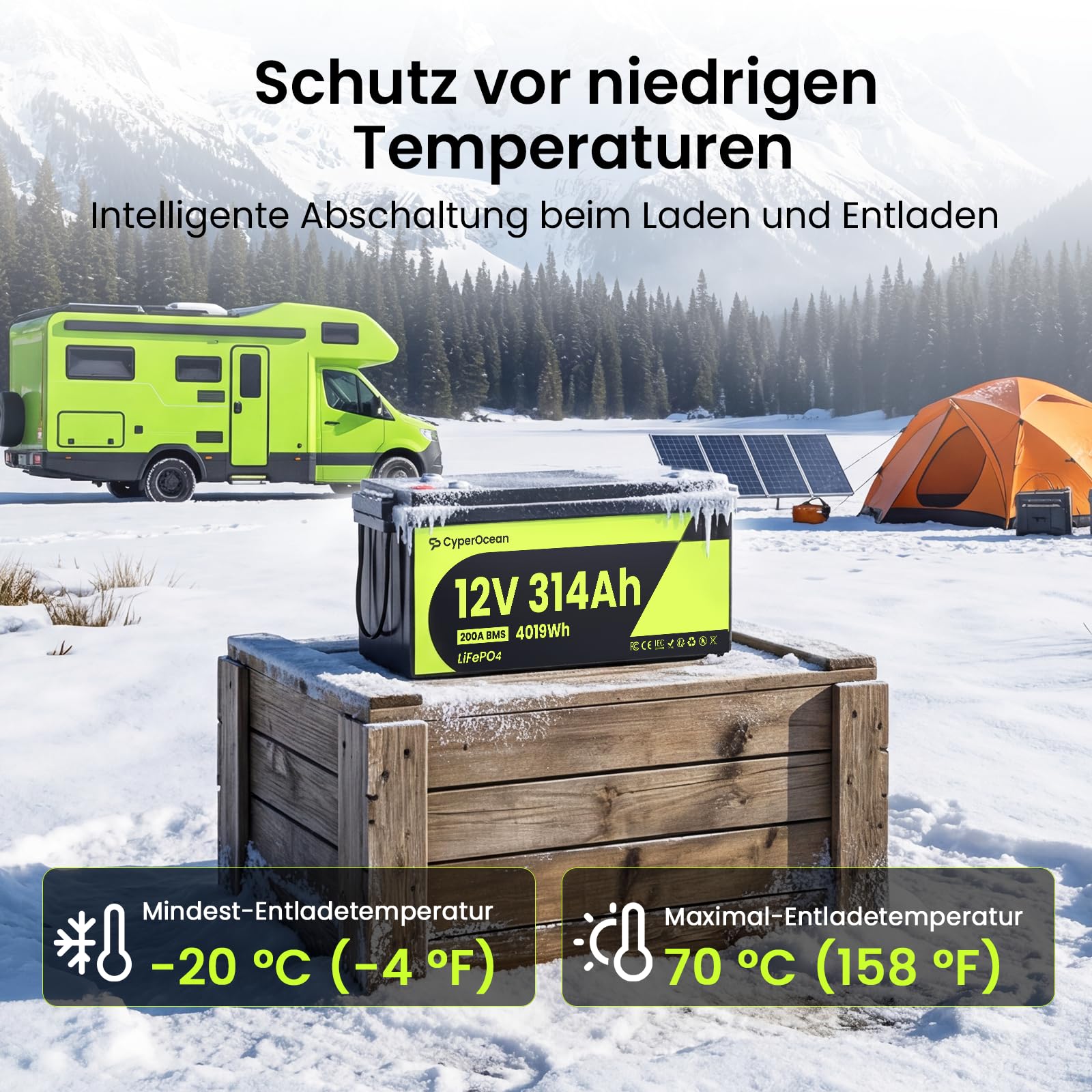 LiFePO4 Batterie 12V 314Ah,4019Wh Lithium Batterie 12V mit 200A BMS Low-Temp Schutz und Max. 15000 Zyklens, Autobatterie für Wohnmobil,Solaranlage Komplettset,Boot