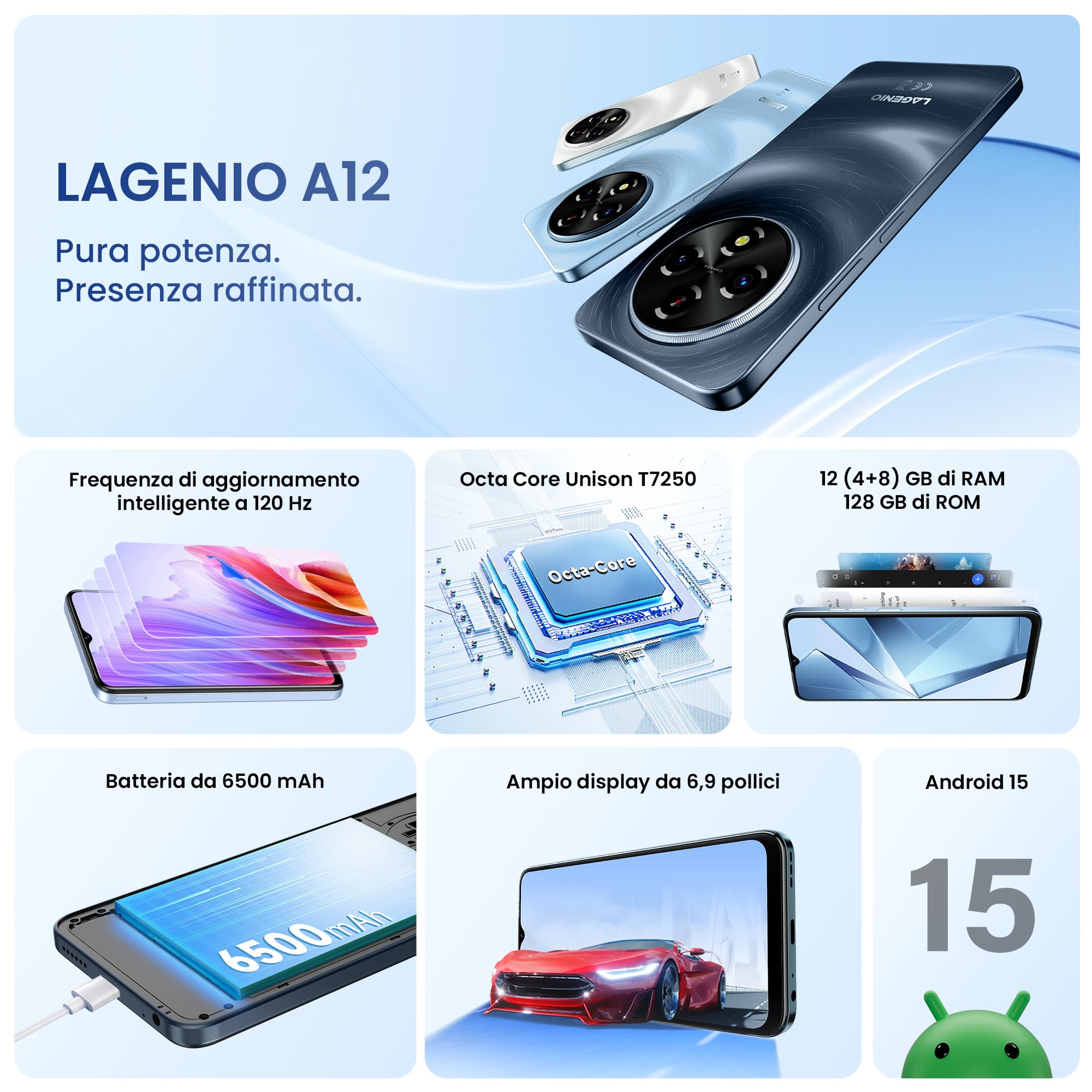 A12 Android 15 Telefono Cellulare, 12GB+128GB/1TB TF, 6.9" HD+Schermo/120Hz Smartphone, Octa-Core, Batterie 6500mAh, Caméra AI 13MP/Widevine L1/OTG/Dual Nano SIM/Face ID