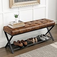 LUEBONA 44.5" Tufted Linen Storage Bench with Shelf, Upholstered End of Bed Shoe Ottoman, Metal Legs 300lbs, Modern Bedroom Entryway Bench - Yellowish Brown