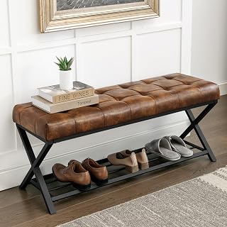 LUEBONA 44.5" Tufted Linen Storage Bench with Shelf, Upholstered End of Bed Shoe Ottoman, Metal Legs 300lbs, Modern Bedroom Entryway Bench - Yellowish Brown