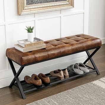 LUE BONA Upholstered Shoe Storage Bench with Shelf, 113cm End of Bed Shoe Bench, Leather Tufted Seat with Metal Frame, Modern Hallway Bench for Bedroom, Living Room, Yellowish Brown