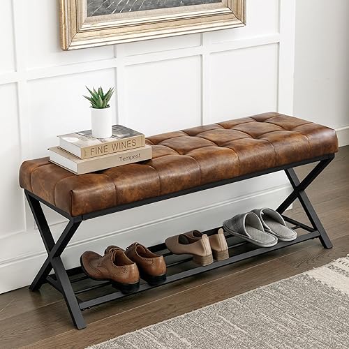 LUE BONA 44.5” End of Bed Bench with Shelf, Linen Tufted Upholstered Storage Shoe Bench, Modern Bedroom Bench with Metal Legs for Living Room, Entryway, Dining Room, 300 LB, Yellowish Brown