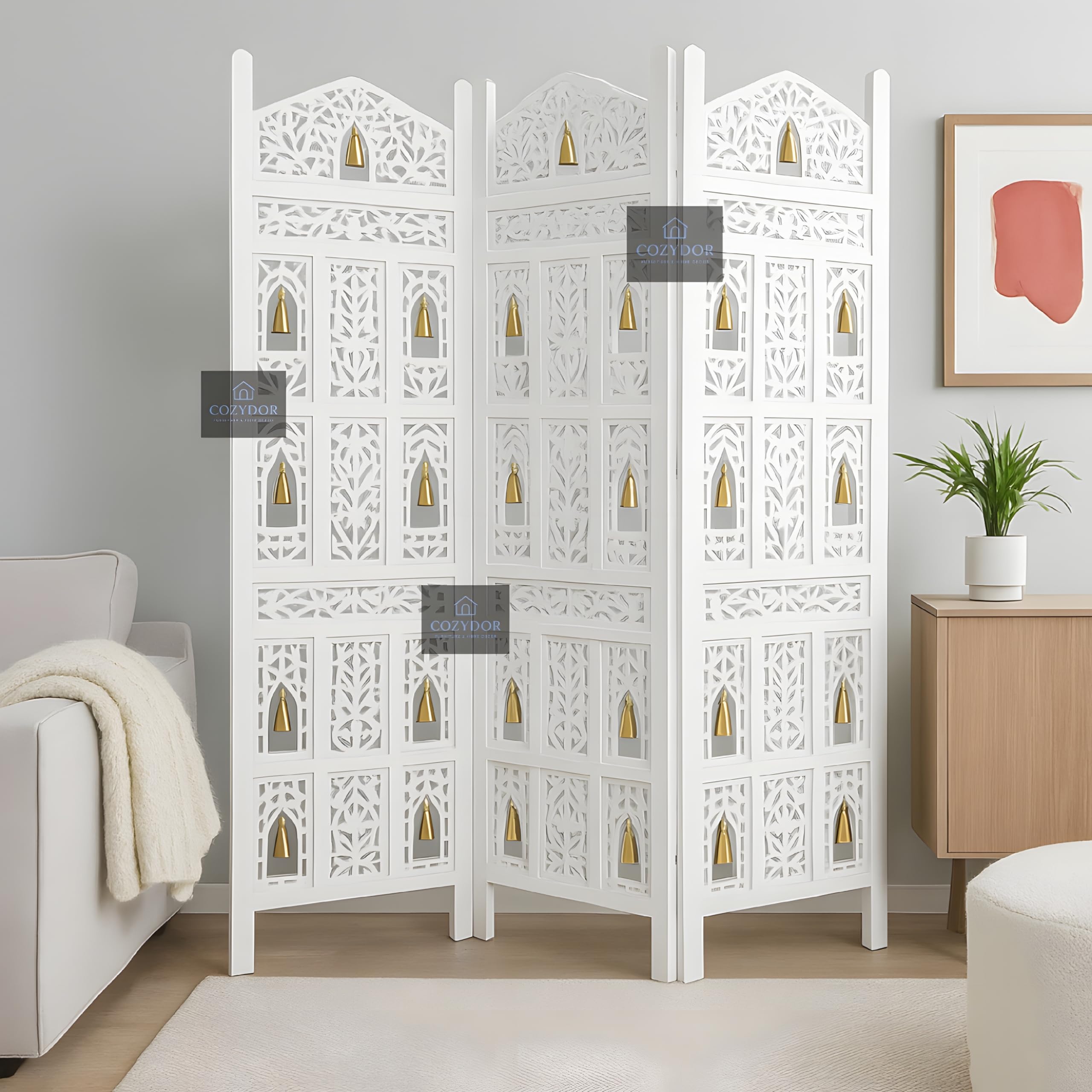 Wooden Partition for Living Room, Wood Screen Separators, Wall 3 Panel Divider for Living Room, Room Partitions and Dividers, Wooden Partition with Bell for Pooja Room Home Decor Trend(White)-image-37