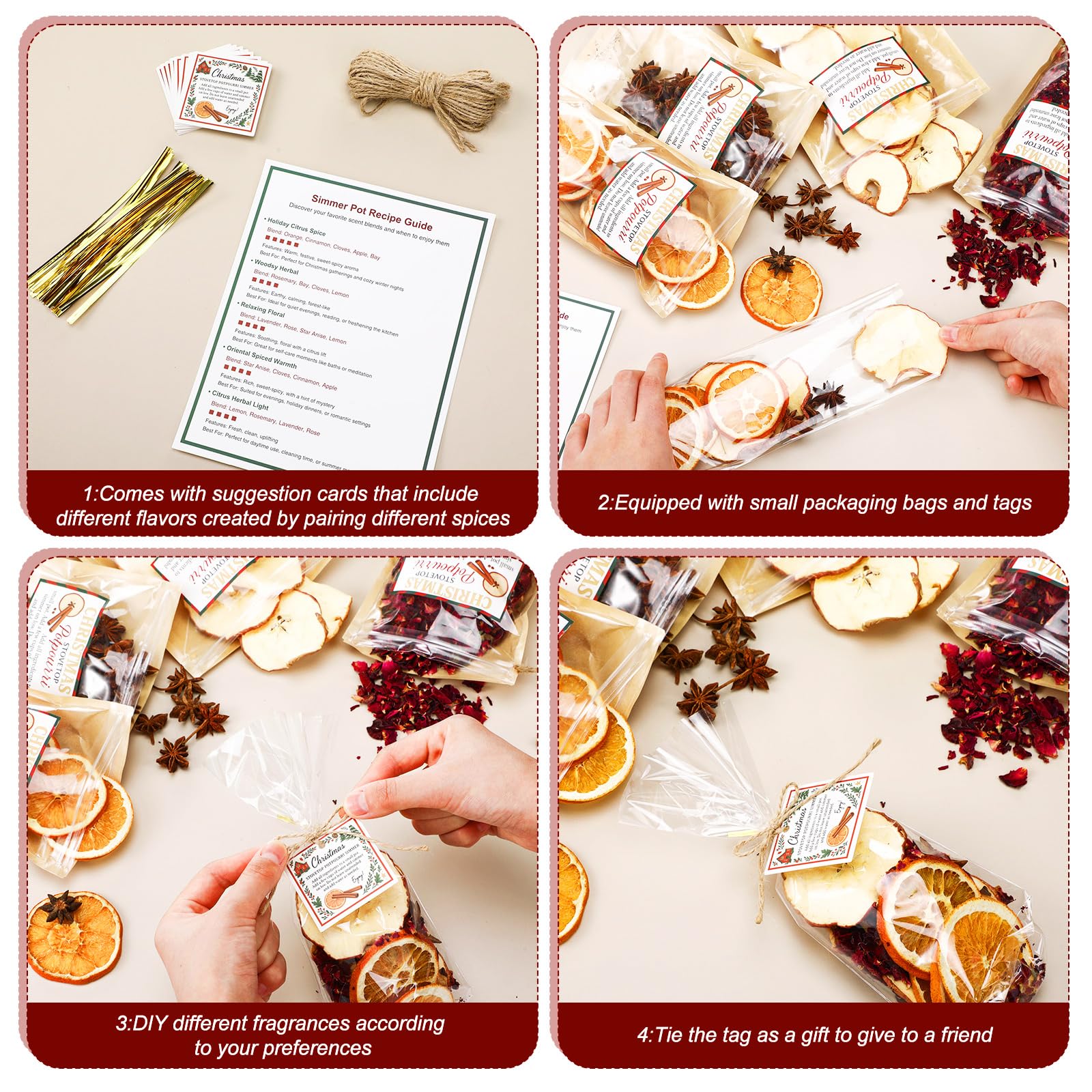 Loopeer Potpourri-Simmer-Set, 465 g, DIY, Weihnachten, Herd, Potpourri mit Karte, transparenter Beutelanhänger, Weihnachtsduft, Winterherd, Duftzutaten für Zuhause, Duft, Einweihungsgeschenk, 9 Stück
