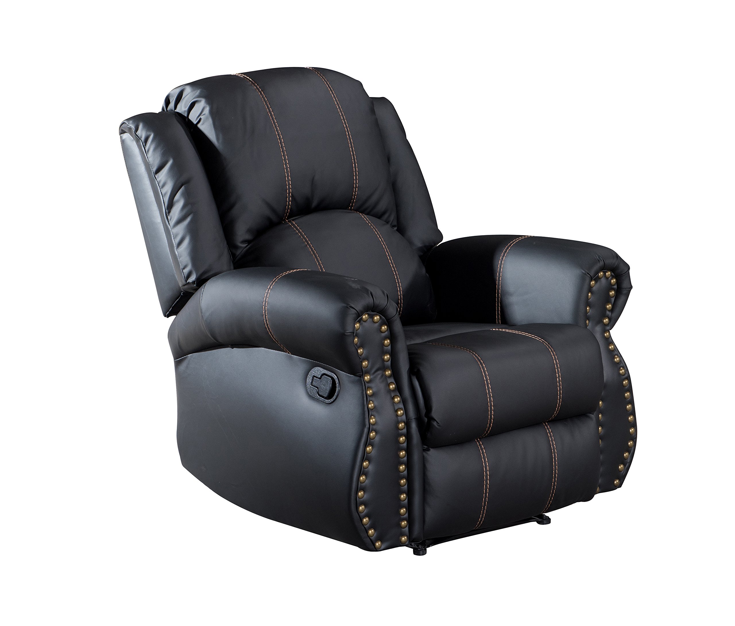Classic and Traditional Nail Head Trim Bonded Leather Recliner, 1 Seat Motion Sofa Recliner Chair with Overstuffed Arms and Back, Black