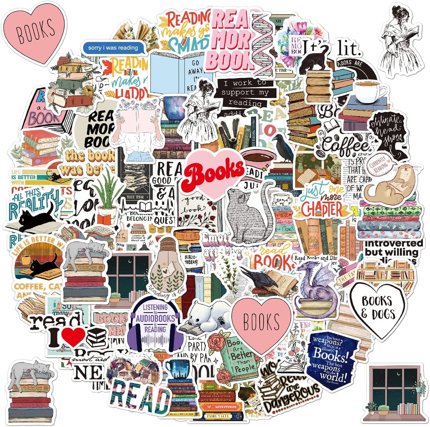 100Pcs Book Stickers,Reading Stickers Bookish Waterproof Vinyl,Kids Room Decal Stickers for Laptops Water Bottles Skateboards for Adults Teens Kids Reading Lovers (TN-N17)