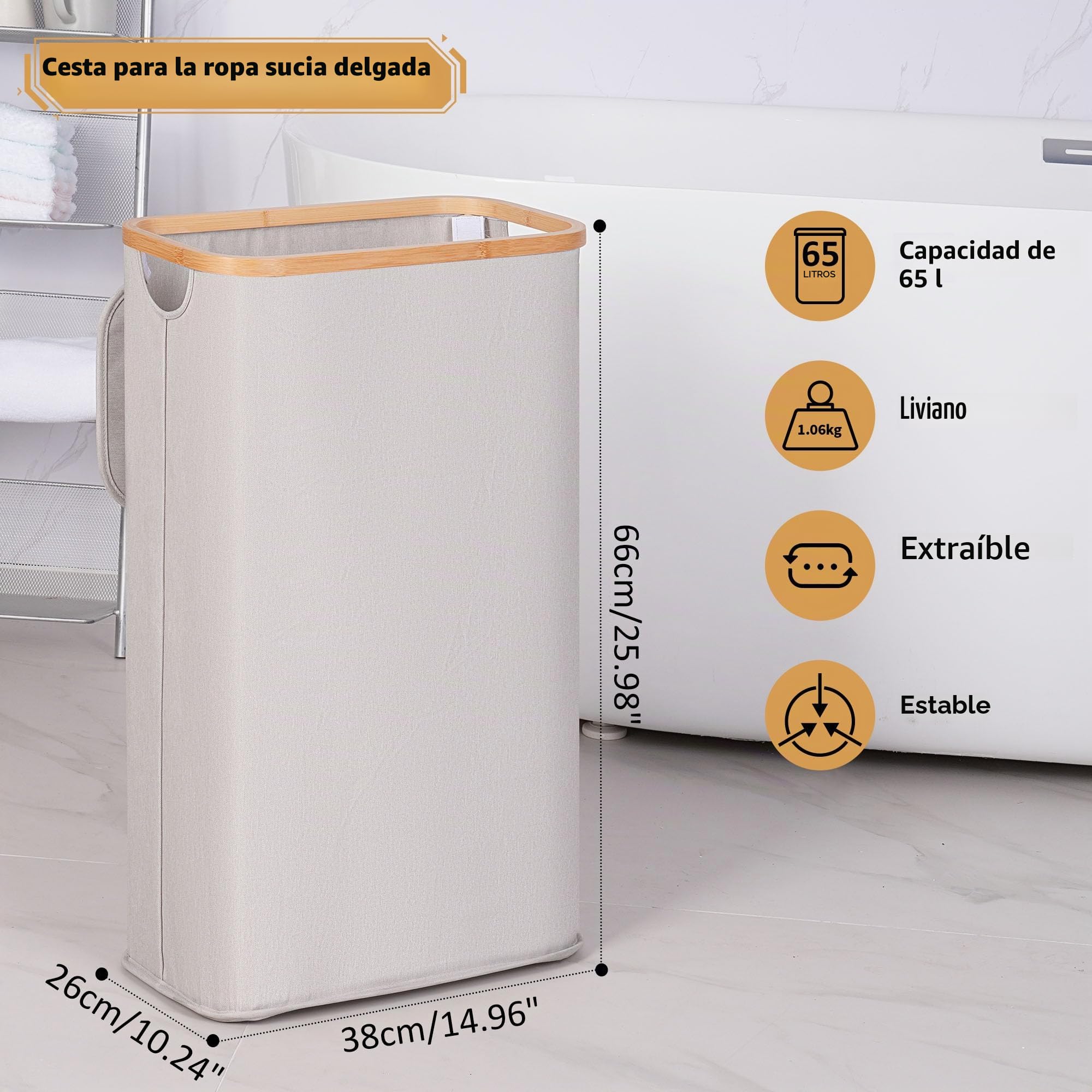 Cesto Ropa Sucia Bambú 60L con Tapa, Cesta Delgado con Bolsa Interior Extraíble, Laundry Basket Plegable para Lavadero Dormitorio Gris claro
