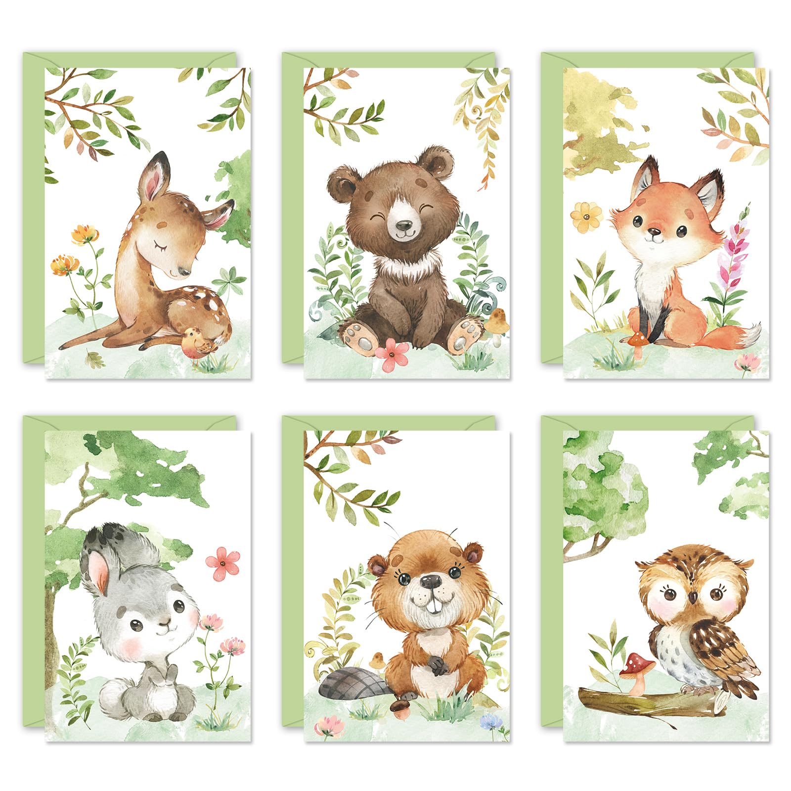 Whaline 36 Pack Woodland Thank You Cards Watercolor Cute Animal Blank Note Cards with Envelopes Stickers Green Forest Greeting Cards for Baby Shower