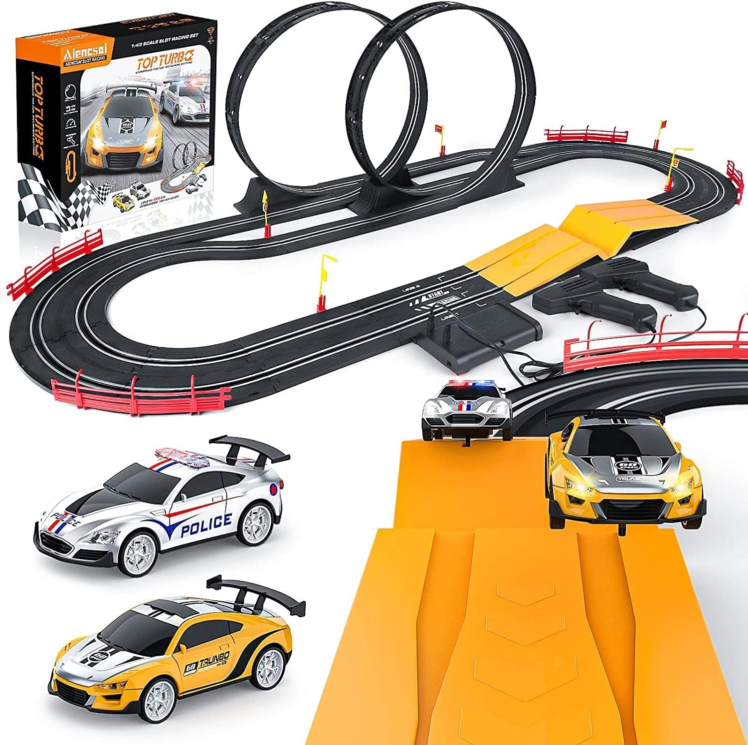 KAHUMBO Electric Slot Car Race Track Sets with 2 Cars, 1/43 Scale Dual Racing Game, 2 Circular Overpass Track, 2 Electric & 2 Hand Speed Controllers, Gifts Toys for Boys Kids Ages 6 Years and Up