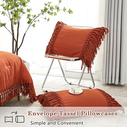 Miniatura 9 de Andency - Juego de edredón con borlas tamaño matrimonial de 3 piezas, ligero y suave, esponjoso, con flecos, para todas las estaciones (naranja