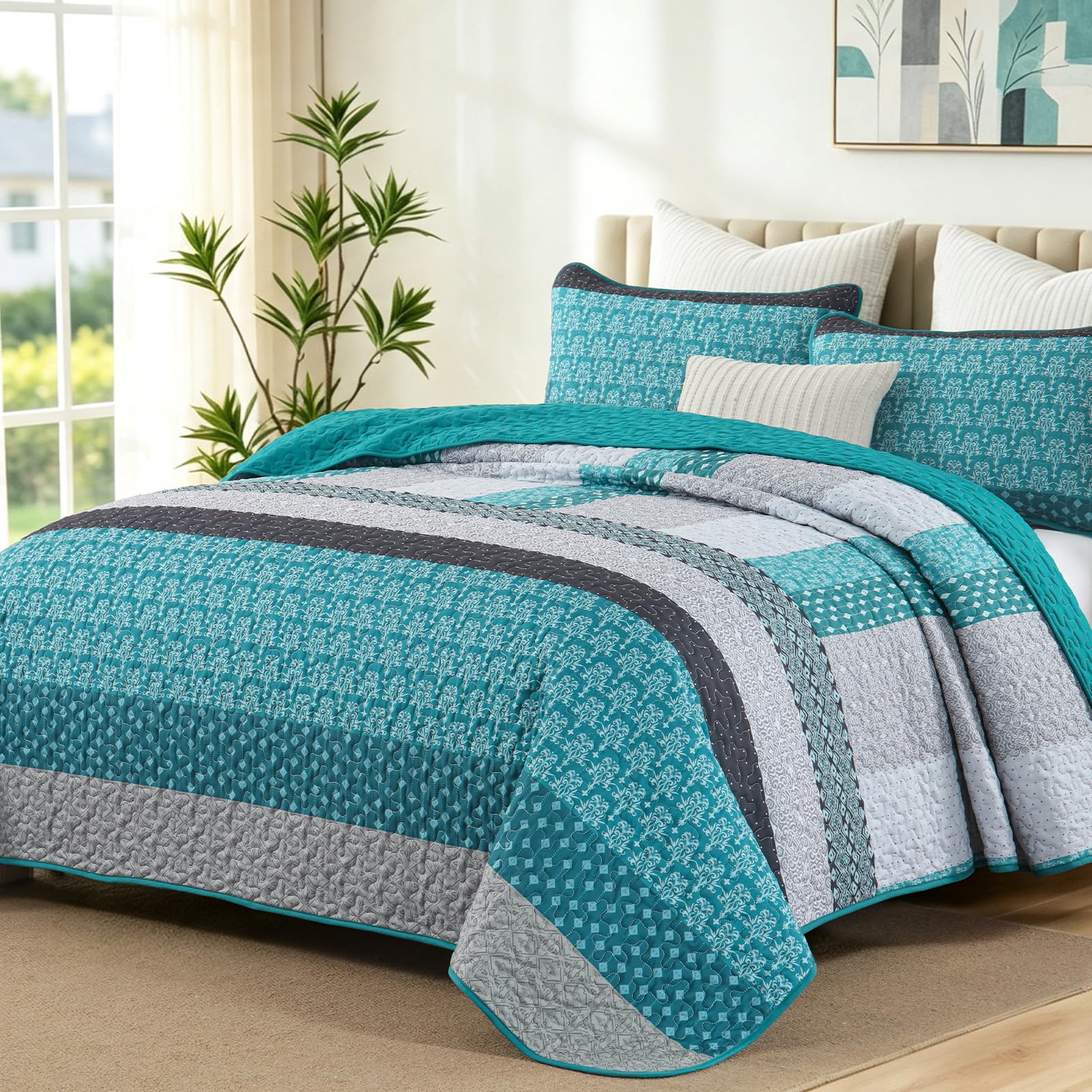 WONGS BEDDING Teal Blue King Size Quilt Set, Boho Striped Bedspread