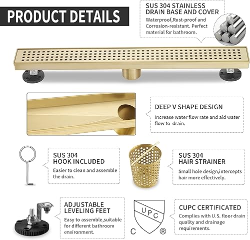 Miniatura 2 de BAUNVB Drenaje lineal de ducha rectangular de 24 pulgadas, drenaje de ducha dorado cepillado, drenaje lineal de piso de acero inoxidable SUS-304,