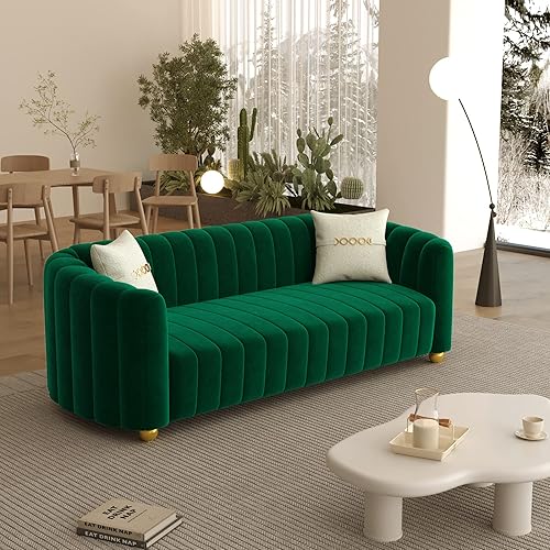 Miniatura 3 de Sofá Chesterfield de terciopelo tapizado de terciopelo de 83 pulgadas, moderno sofá con 2 almohadas para sala de estar y apartamento (verde)