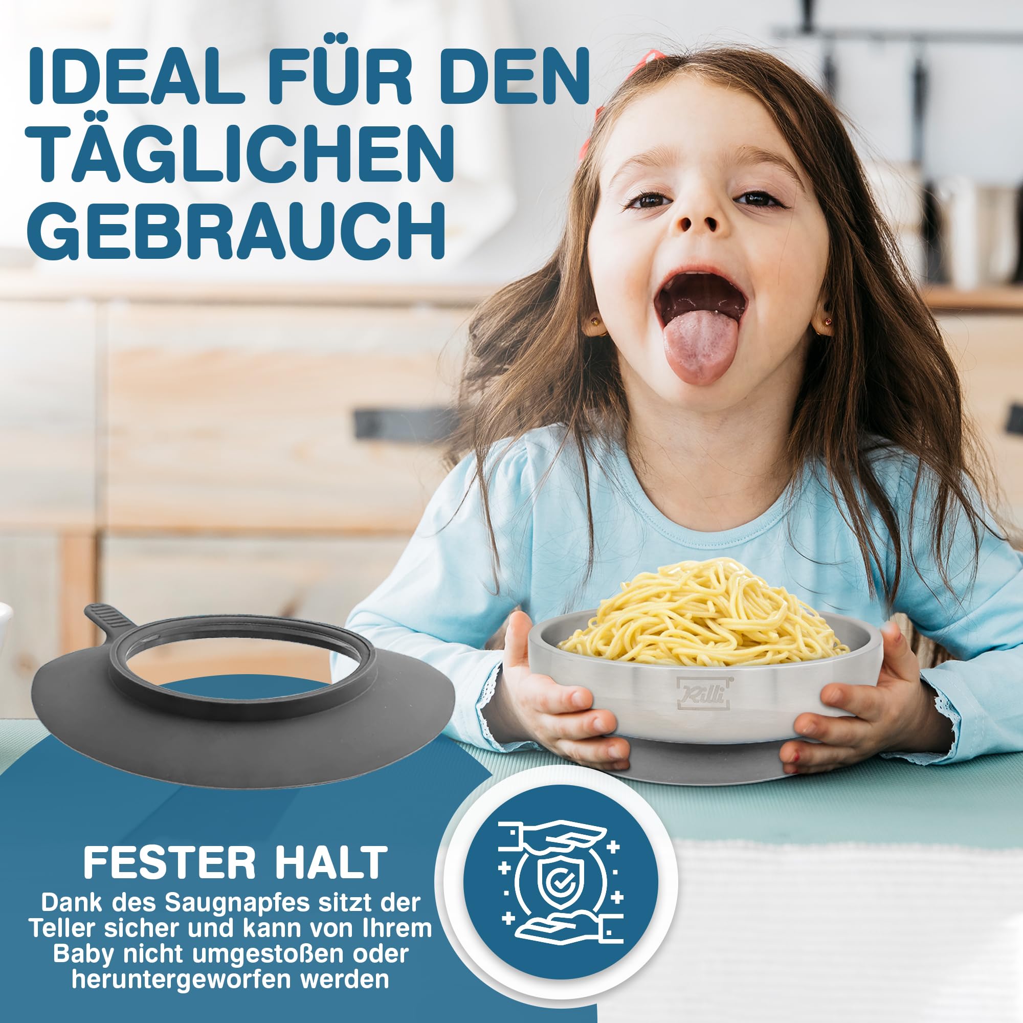Rilli Edelstahl Teller für Babys mit Saugnapf, tiefer Kinderteller, grau | Doppelwandiger 304er Edelstahl · BPA-frei · schadstoffgeprüft · spülmaschinenfest · für BLW und Beikost
