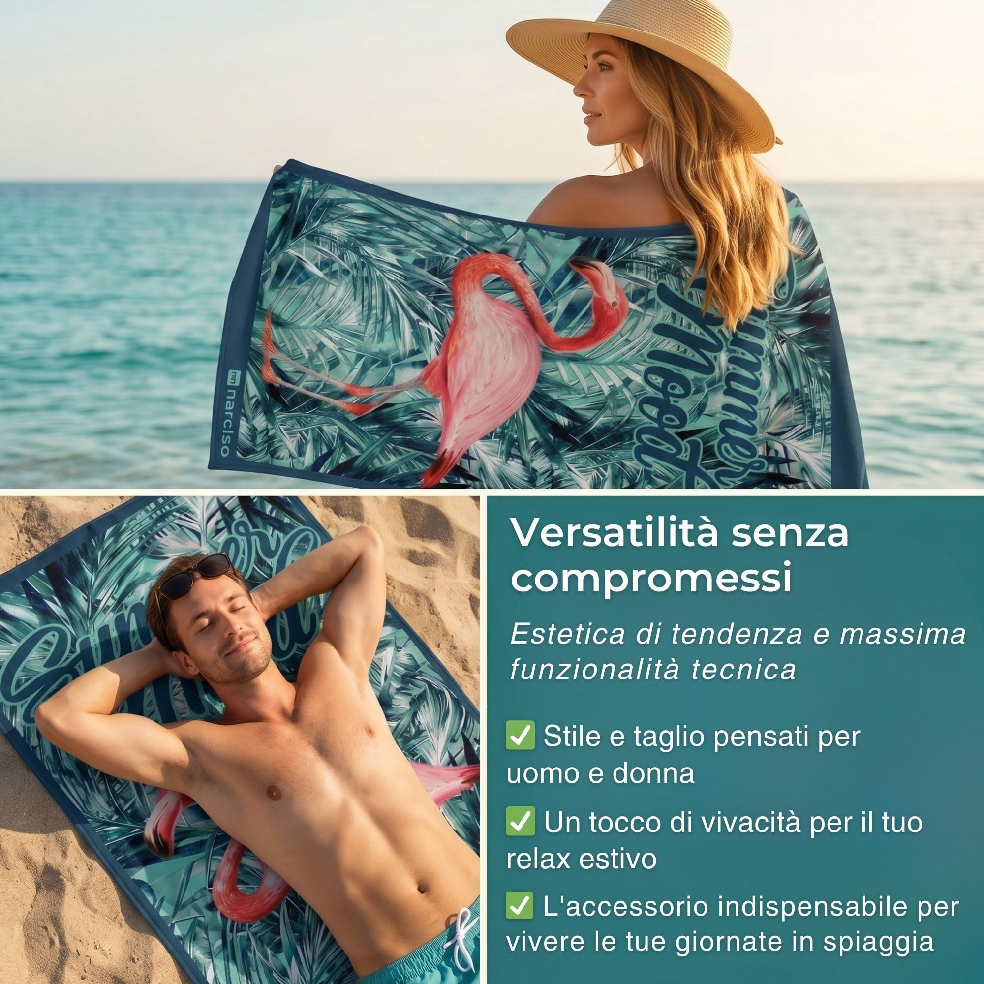 NARCISO 3 Telo Mare Microfibra (Disegni Scelti tra le Rimanenze del Magazzino) Asciugamano Mare Singolo 90x170cm con Disegni Unici Moderni, Teli Mare Microfibra Spiaggia Uomo Donna