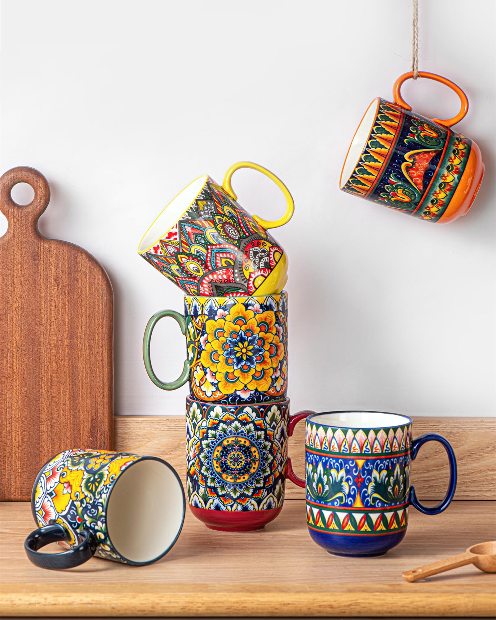 Henten Home Lot de 6 Grandes Tasses à Café en Porcelaine, 400ml Mugs avec Anse pour Thé, Café, Lait, Cappuccino, Résistant au Lave-vaisselle et Micro-ondes