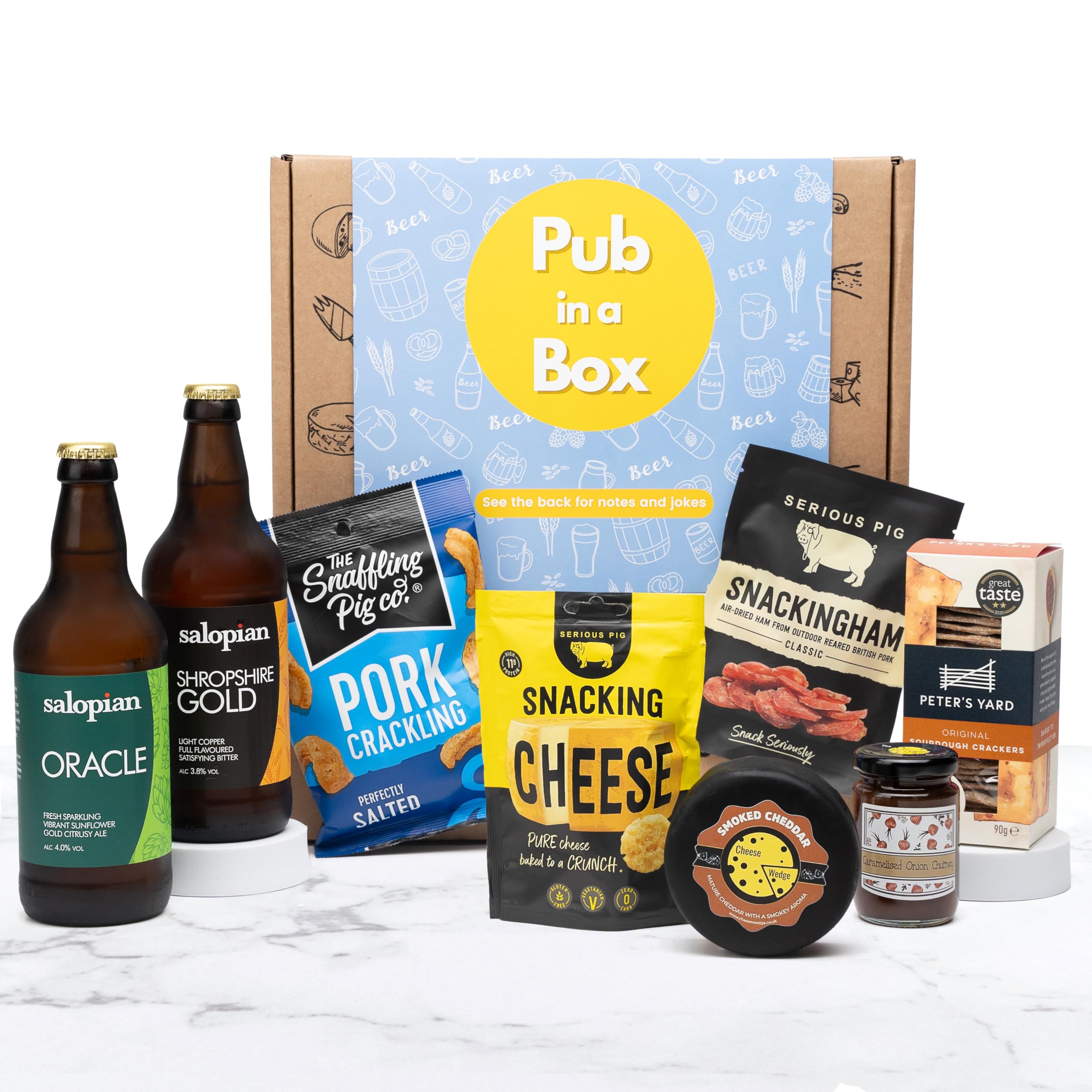 Cheese and Beer Gift Hamper Set Includes 6 Snacks, 2 x Salopian Ale Beers Bottles Plus Cheese, Meat & Savoury Snacks, Birthday Hampers For Men Him (2 Salopian Beers)