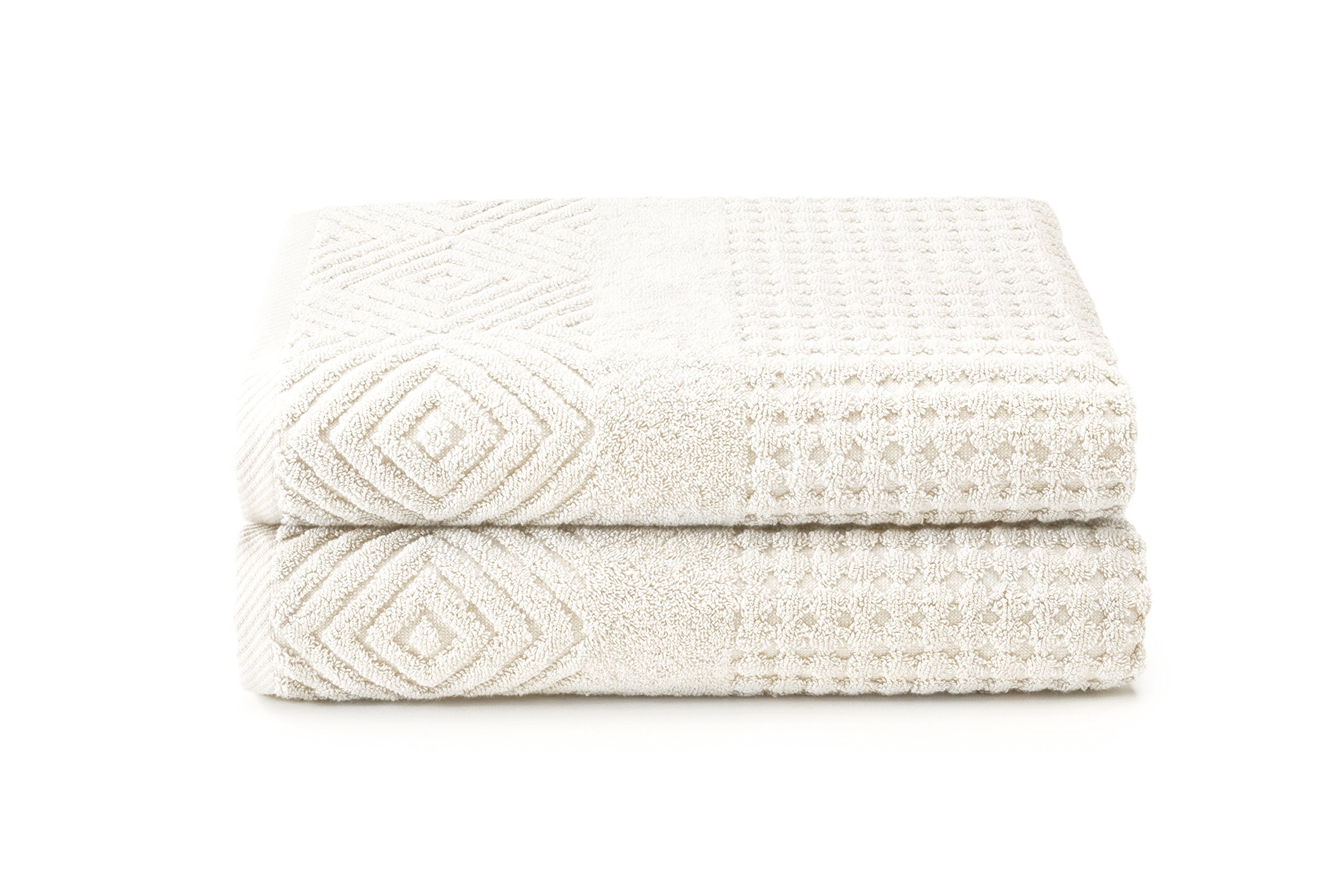Texere 100% Organic Cotton Diamond Jacquard 700 GSM Luxury Bath Towel Sets - Ultra Soft and Absorbent Hotel and Spa Quality (Diamond, Cream, 2 Bath