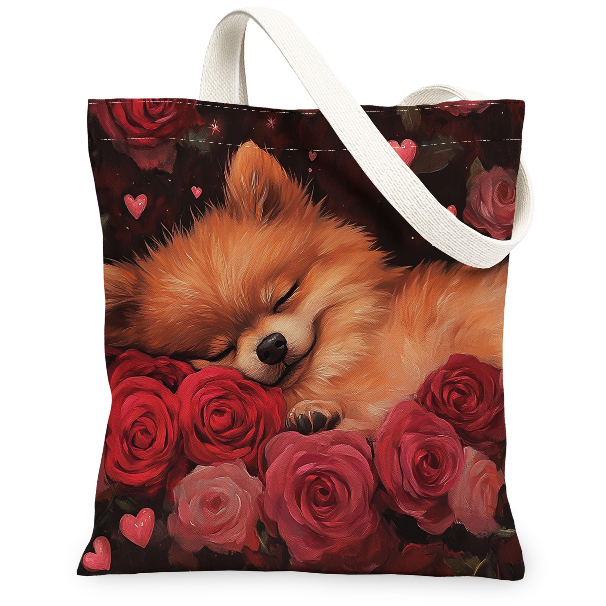 Pomeranian Dog Canvas Tote Bag for Shopping 13 * 15, Valentine's Day Romantic Roses Reusable Grocery Shoulder Cloth Bag for Women, Pet Painting Gift Decoration
