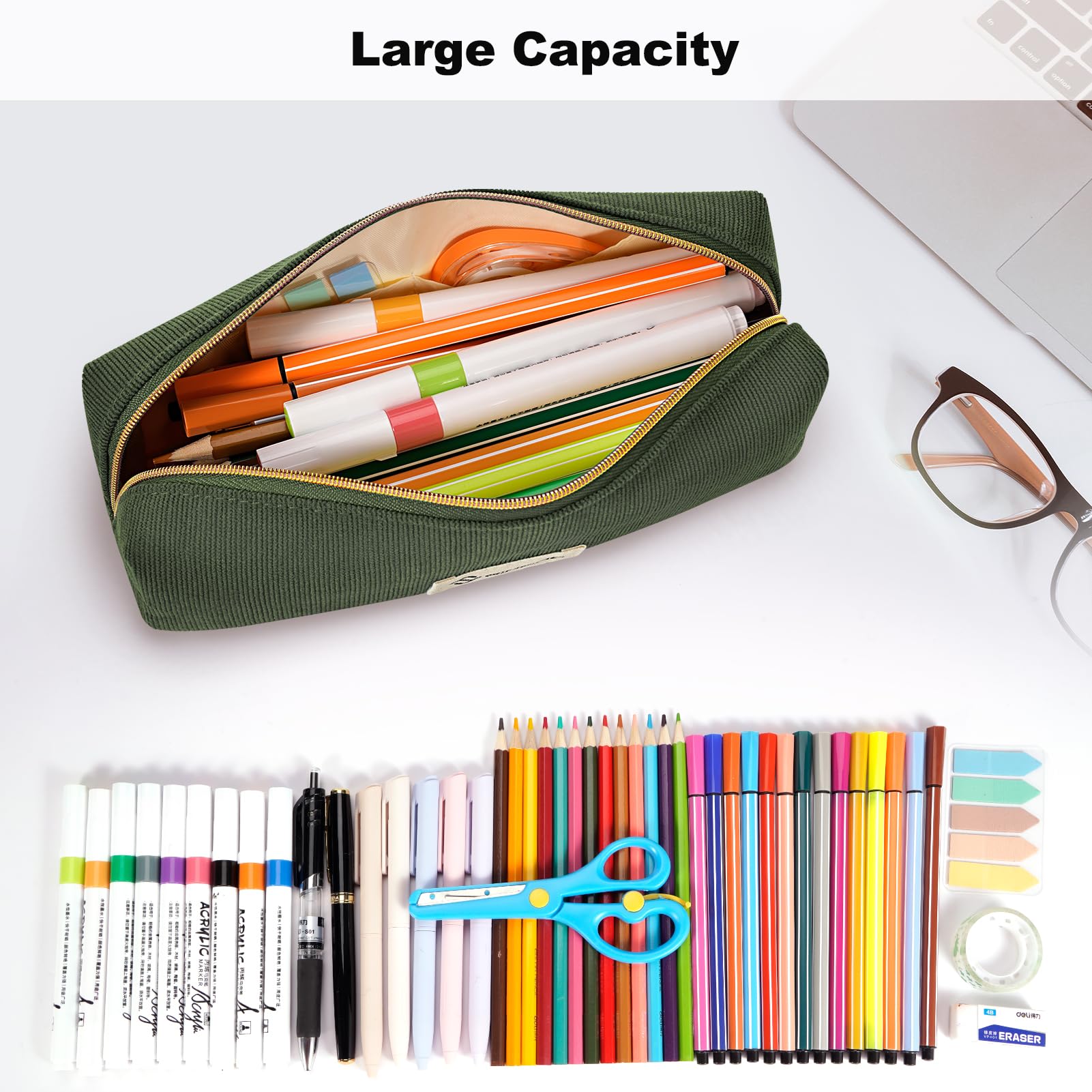FINPAC Pencil Case, Large Capacity School Pencil Case Office Stationery Organizer, Corduroy Fabric Wide Opening Pencil Pouch for Boys & Girls, (Army Green) - Image 3