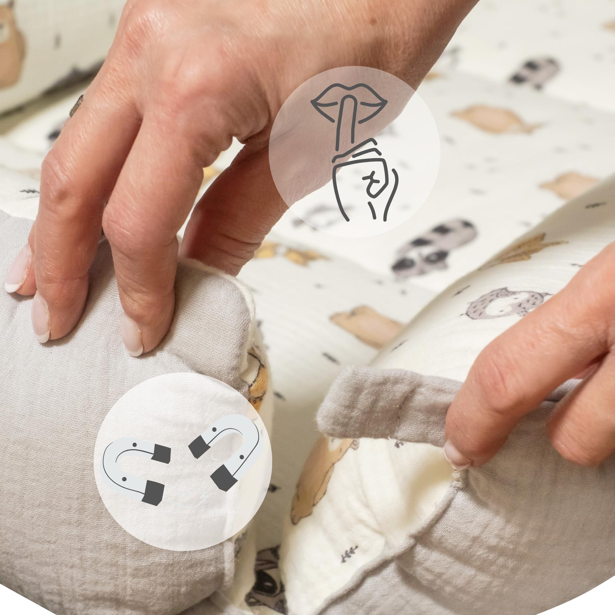 Bellochi Hush Baby Nest Cocoon - Tumbona para recién nacido con cierres magnéticos silenciosos para un descanso tranquilo, algodón hipoalergénico de alta calidad, tapete multifuncional para el tiempo