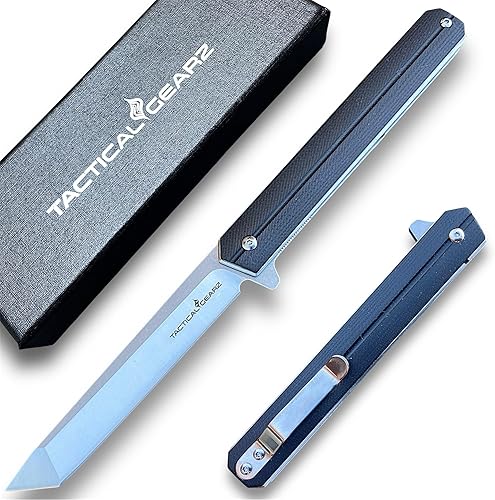 TACTICAL GEARZ Cuchillo de bolsillo G10! Mango TG Oris, G10! Hoja de acero D2 afilada de afeitar! Incluye funda