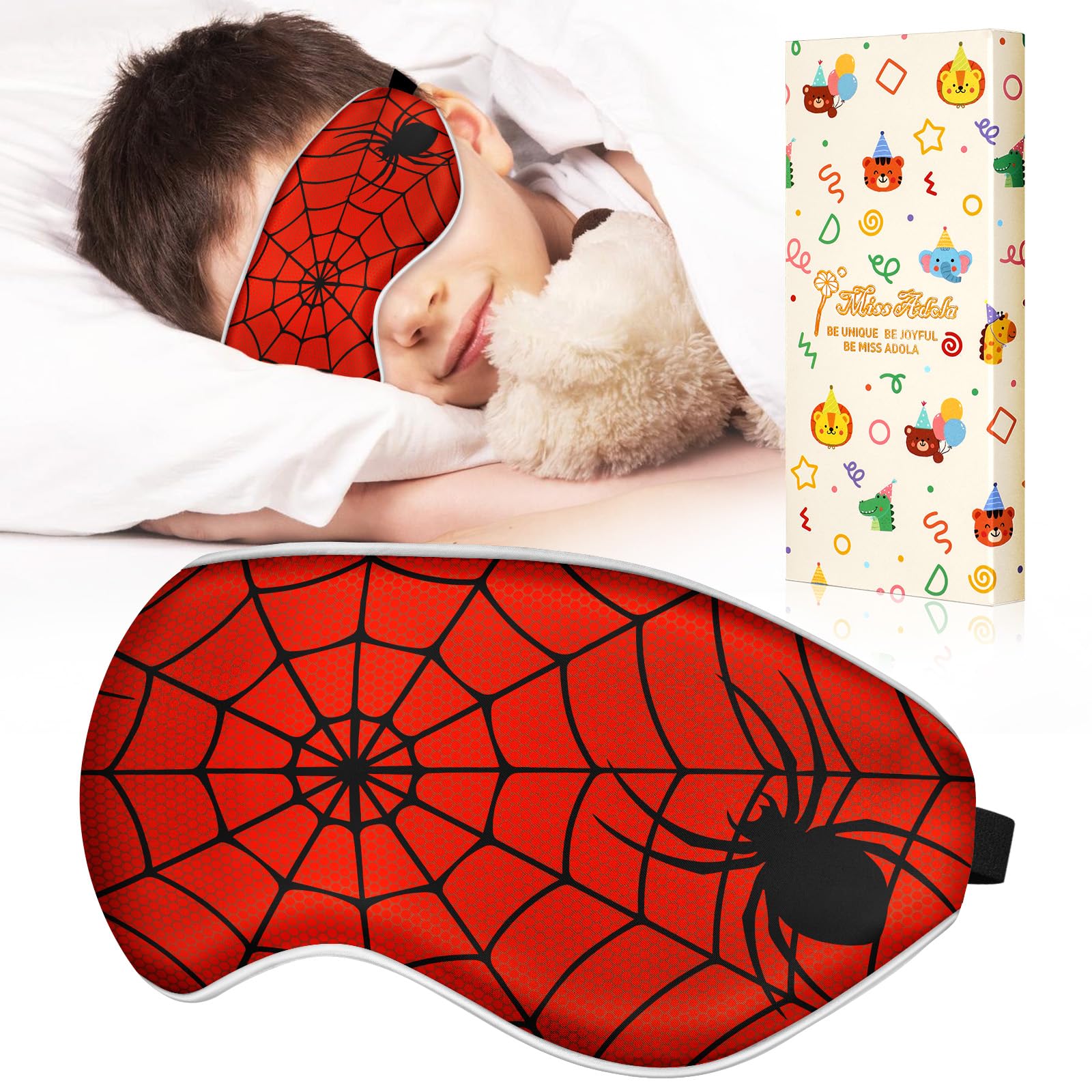 Miss Adola Silk Sleep Mask for Kids - Cute Cartoon Eye Cover for Boys Girls Teens With Soft Smooth Adjustable Straps, Red Zhizhu