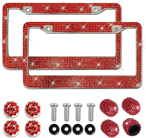 Marcos brillantes para matrícula de automóvil, paquete de 2 soportes para placa de matrícula de diamantes de imitación con 4 tapas de vástago de