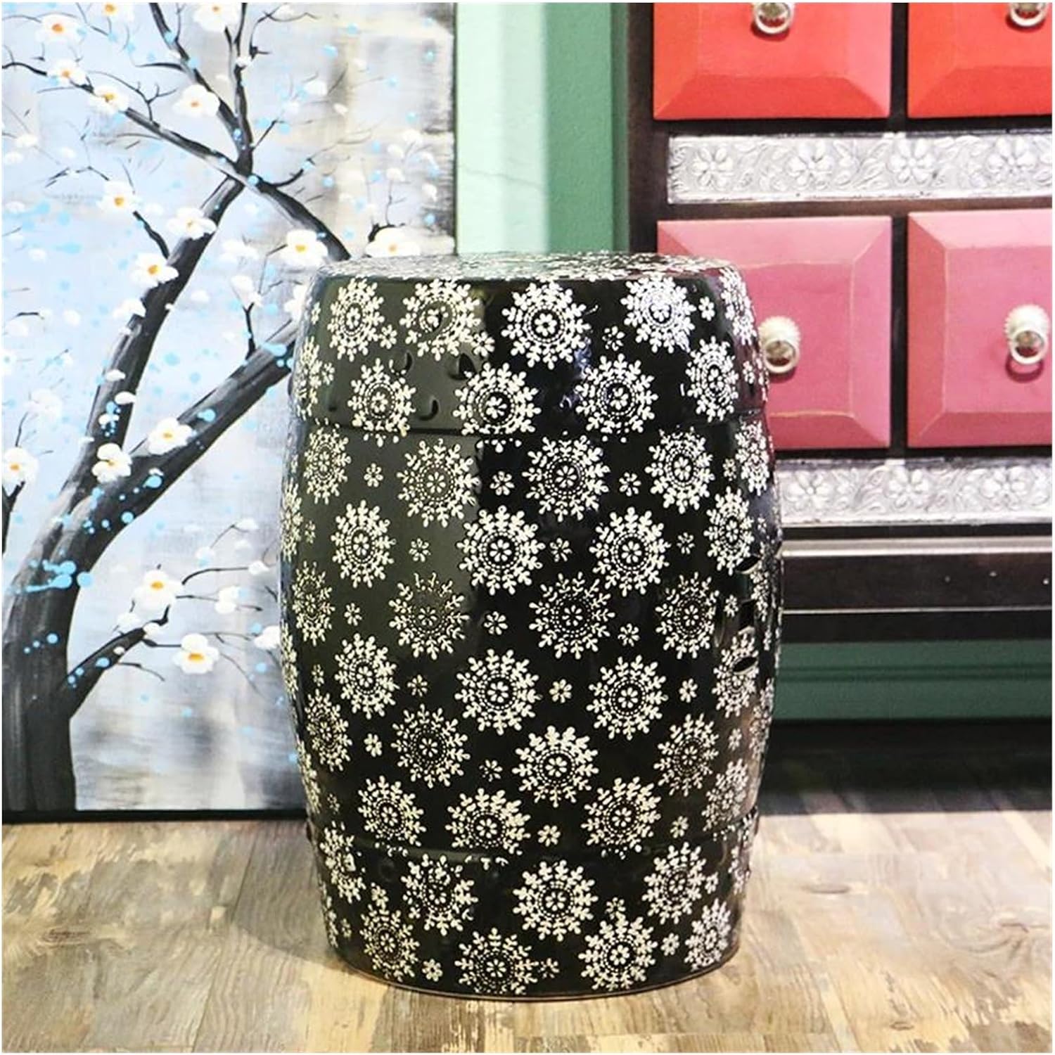 Decorative Garden Stools, Ceramic Stool Outdoor Benches Blue and White Landscape Lotus Drums Stools Dressing Changing Porcelain Ceramic Stool(D)