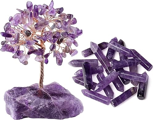 Árbol de cristal curativo de amatista, cristales de reiki naturales, base de piedra preciosa, alambre de cobre, árbol de vida, árboles de dinero y