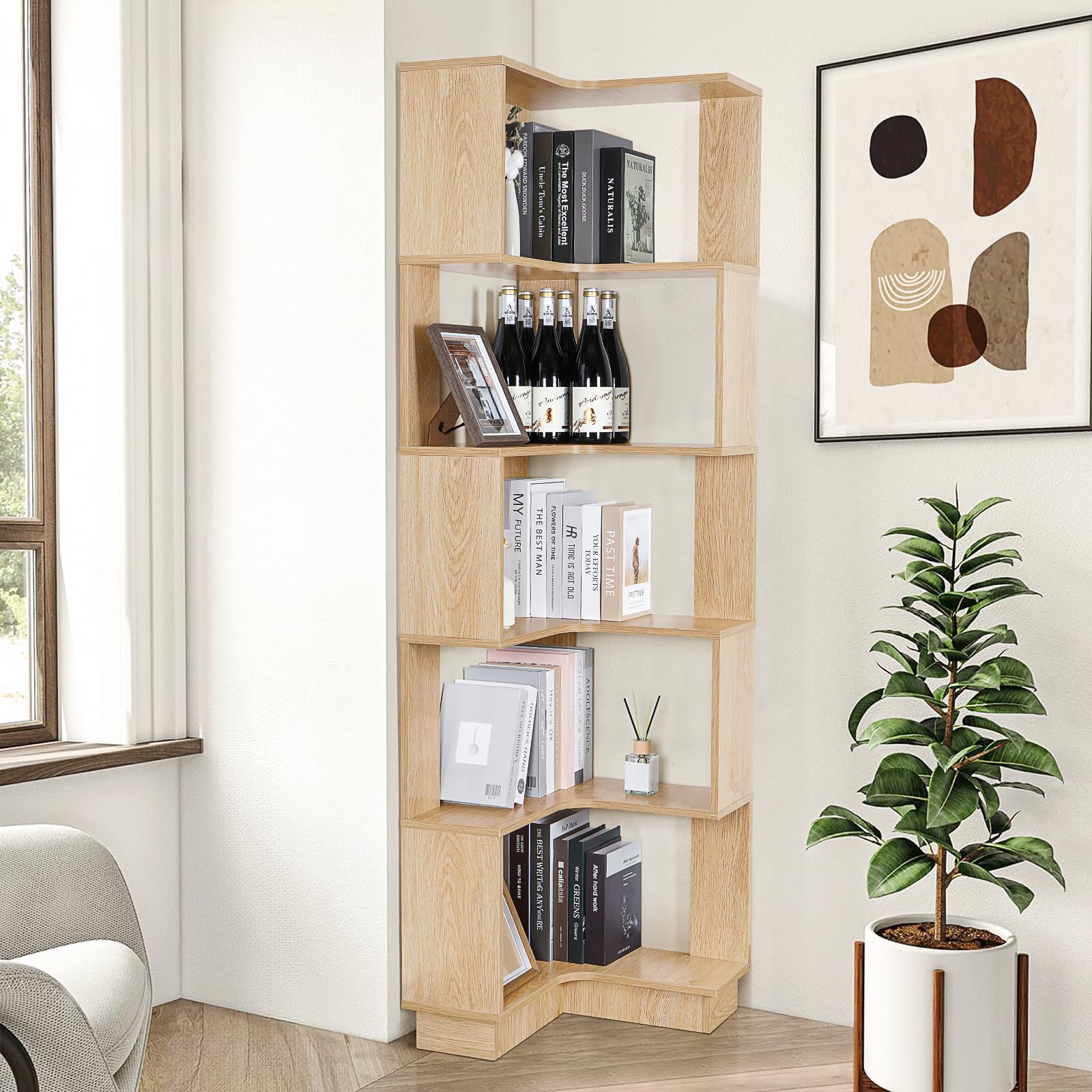 uyoyous Estantería esquinera de 5 niveles, de pie, 175 cm de altura, de madera, gran estantería abierta, estantería de almacenamiento, armario de esquina para salón, dormitorio, estudio y oficina
