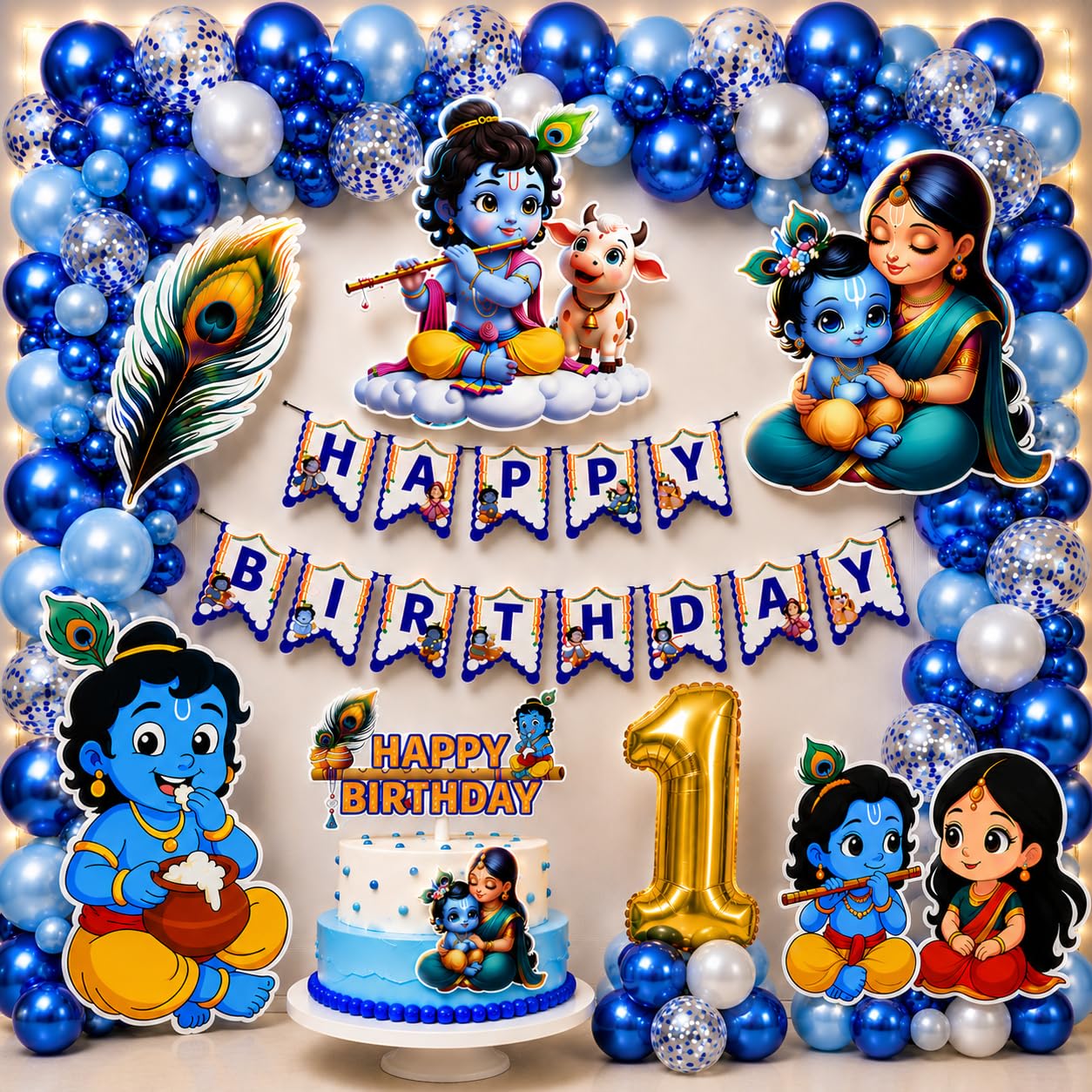 Birthday Theme Party Janmashtami Decorations Items Combo Kit Set Made Cardstock Banner, Cutouts, Balloons for Girls Boys Decoration Set (1st birthday)-image-25