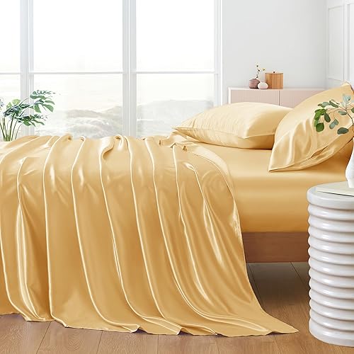 Miniatura 7 de HommxJF Juego de sábanas de satén sedosas doradas de 5 piezas, juego de sábanas de lujo sedosas y transpirables con 1 sábana encimera de satén, 1