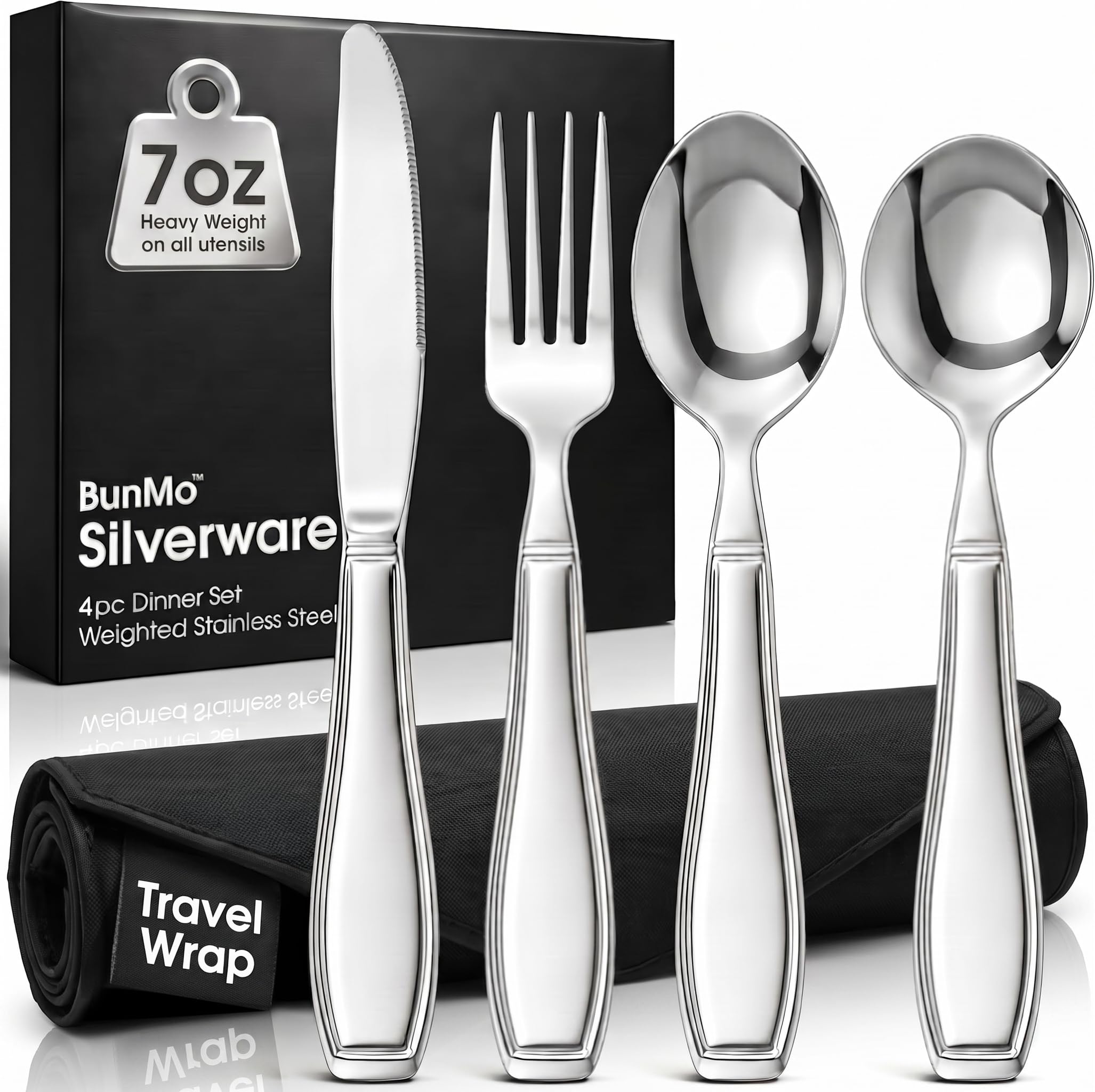 BUNMO Weighted Utensils for Hand Tremors - Elderly, Weak Hand Grip &amp; Handicapped - Stainless Steel - Eat Independently