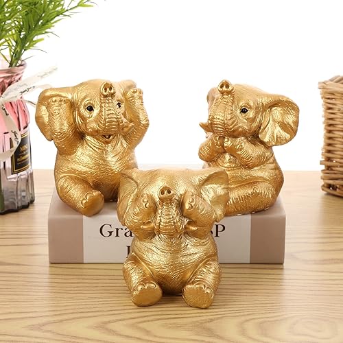 Miniatura 2 de Juego de 3 estatuas doradas de elefante de buena suerte, decoración del hogar, figuras de elefante geniales para estante, sala de estar, oficina,