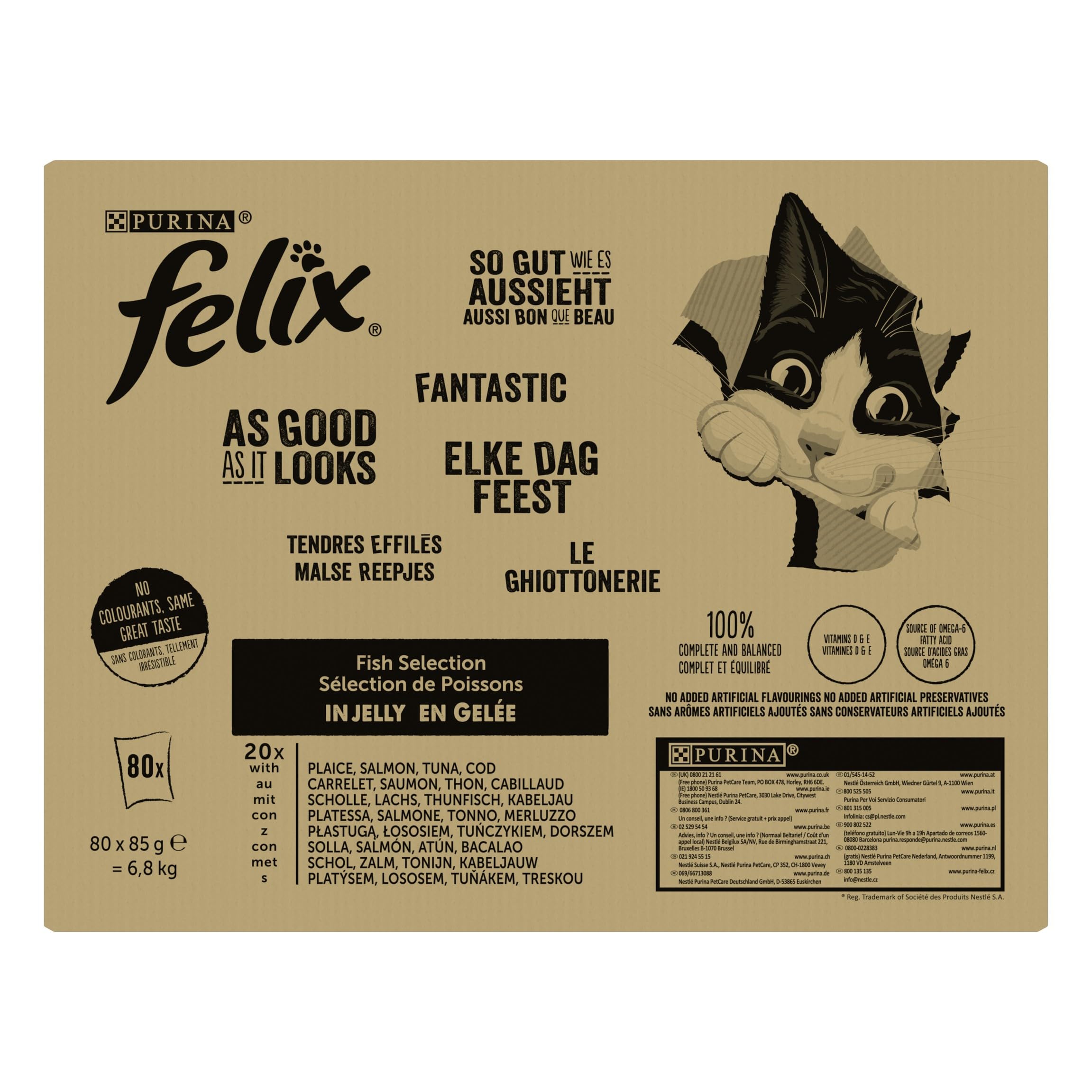 Felix | Tendres Effilés | en Gelée | Alimentation complète | Chat Adulte | au Thon, au Saumon, au Boeuf et au Poulet | Sachets Fraîcheurs | 80x85g