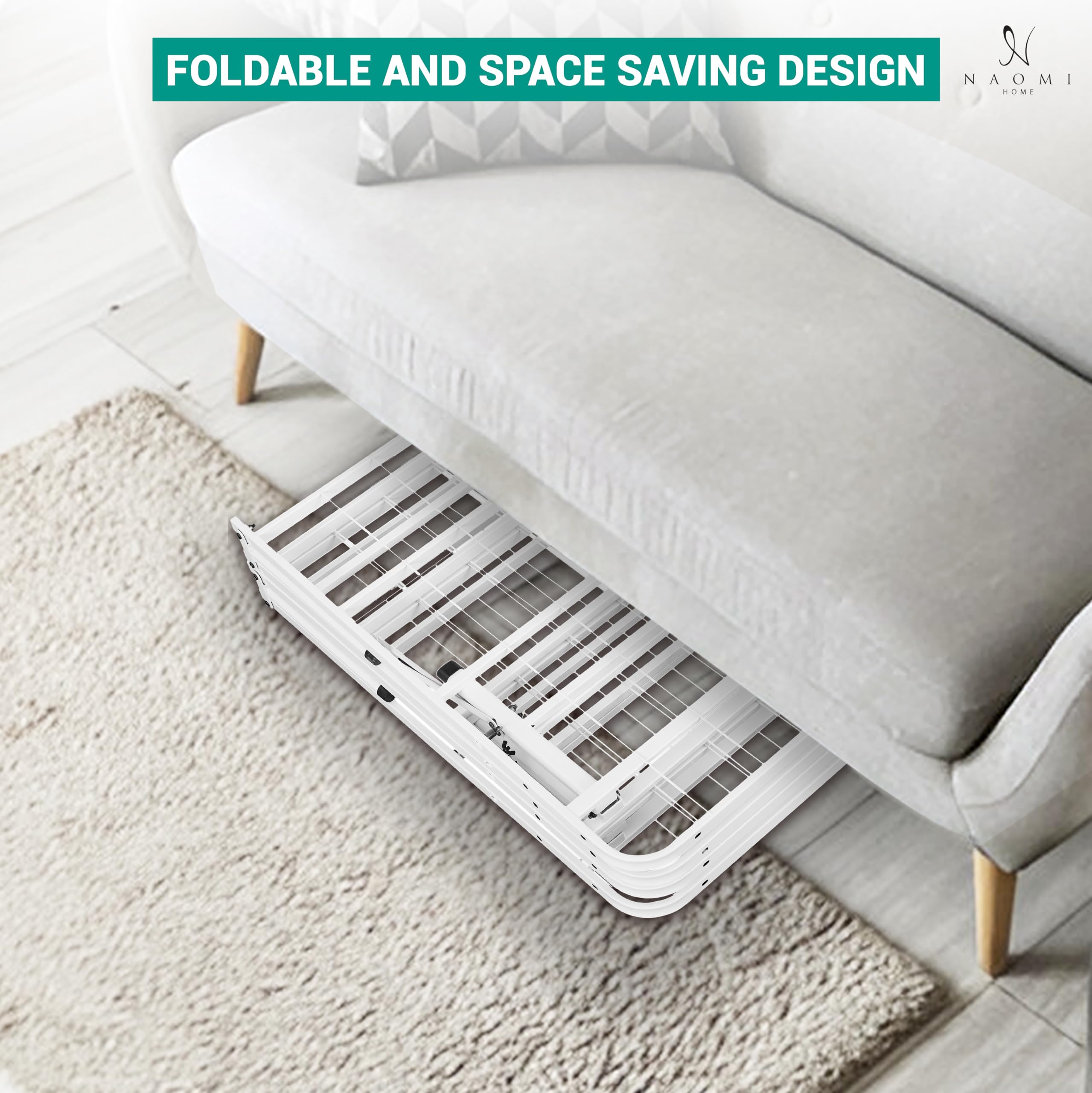 Naomi Home IdealBase 14 Metal Bed Frame Queen Size Heavy Duty Foldable Bed Frame with Steel Metal Slats Mattress Foundation Box Spring 600lbs Capacity Queen Size White