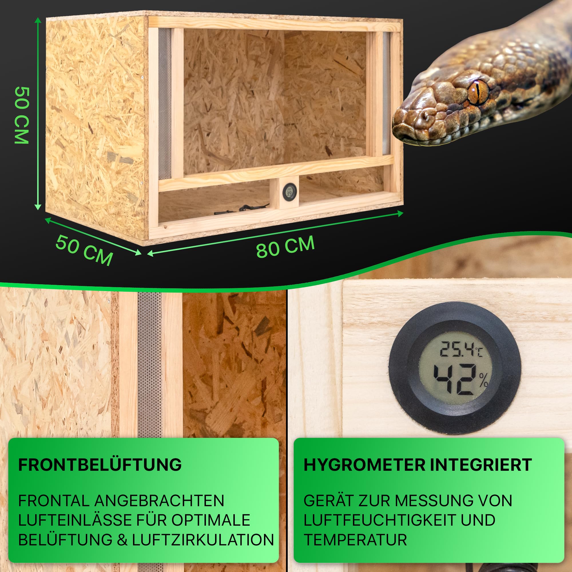 ITA Terrario de Madera 80x50x50 cm con ventilación Frontal e higrómetro Integrado - Terrarios de OSB-3 - para Reptiles, Serpientes, Anfibios - Producto UE, Certificado FSC