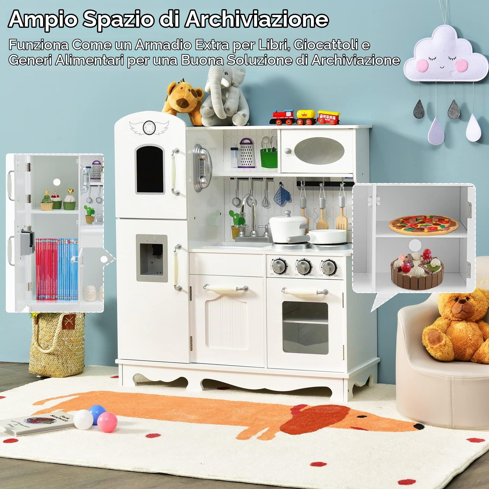 RELAX4LIFE Cucina Giocattolo in Legno per Bambini, Luci e Suoni Realistici, Gioco di Simulazione con Telefono, Frigorifero, Distributore d'Acqua per Bambini 3+Anni