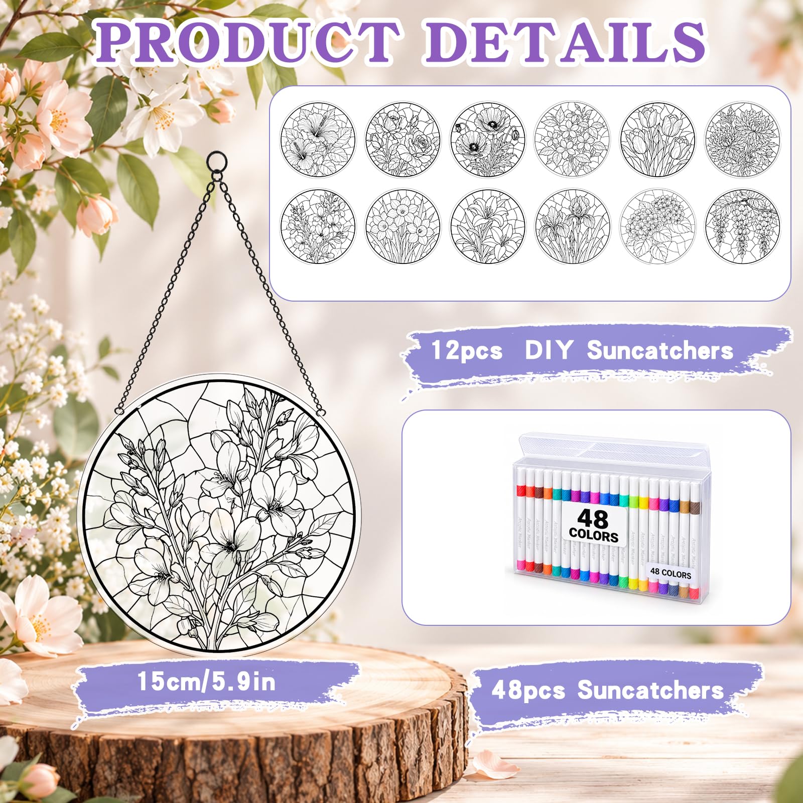 Kit di 12 fiori acchiappasole fai da te, pittura su vetro colorato