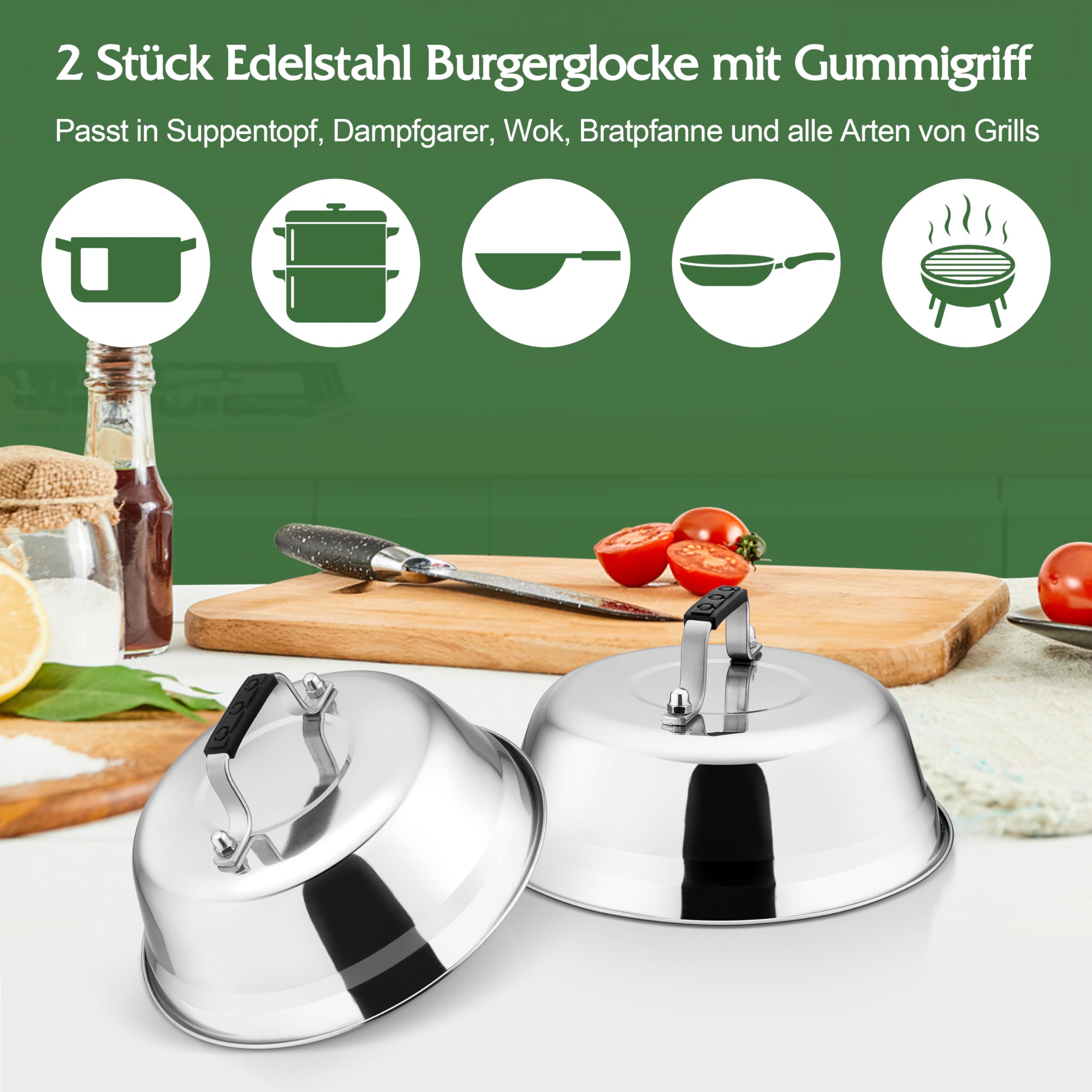 TEAMFAR Dzwonek do burgerów, zestaw 2 sztuk dzwonków do burgerów ze stali nierdzewnej, kopuły do burgerów z odpornym na wysokie temperatury uchwytem silikonowym, dzwonek do topienia, osłona do
