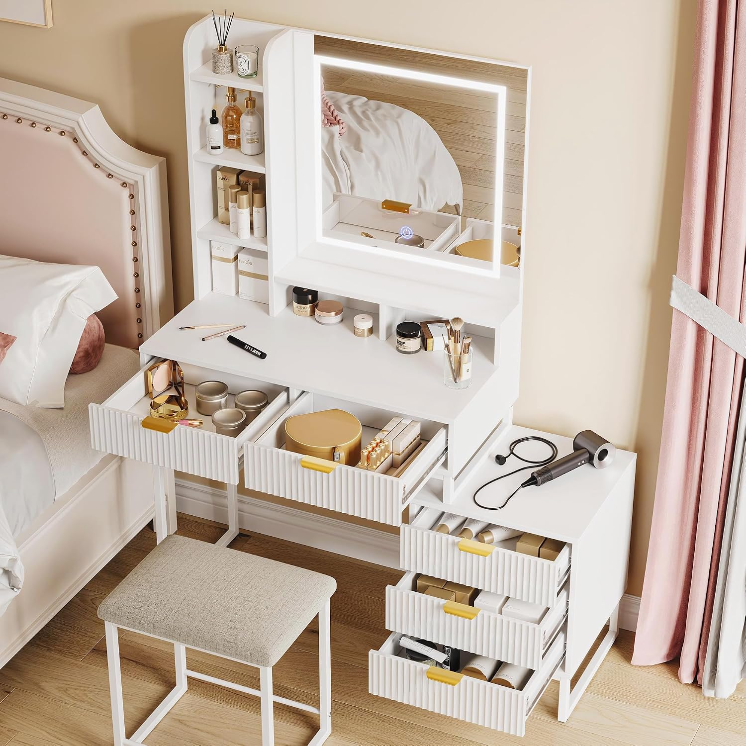 GarveeHome White Vanity Makeup Desk, Vanity Set with Mirror and 3-Mode Lights, 5 Drawers Vanity Table with Removable Side Storage Cabinet, Stool for Bedroom