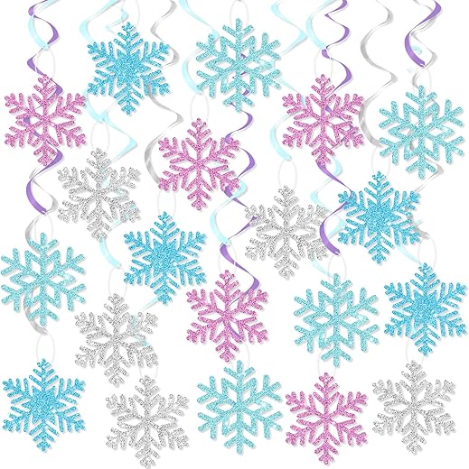 Snowflake Hanging Swirls Decorations, Winter Party Hanging Ceiling Streamers Purple Blue White Glitter Snowflakes Garland for Winter Wonderland Baby Shower Birthday Christmas Party Decorations