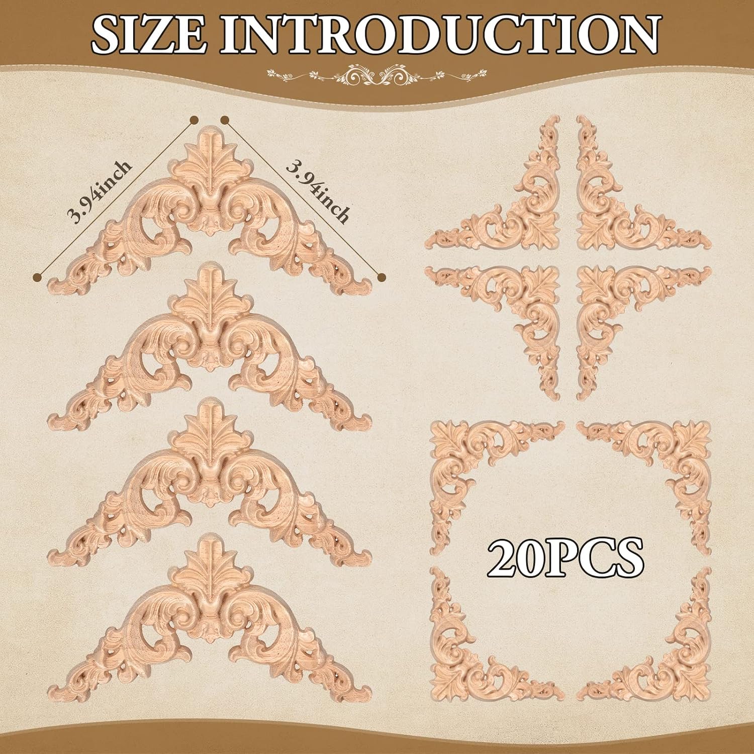20 Pcs Wood Applique Corner Onlay Decorative Wood Applique DIY Wooden Carved Corner Unpainted Wooden Carved Decals Carving Decal for Furniture Wall Cupboard Bed Cabinet(Delicate Style)